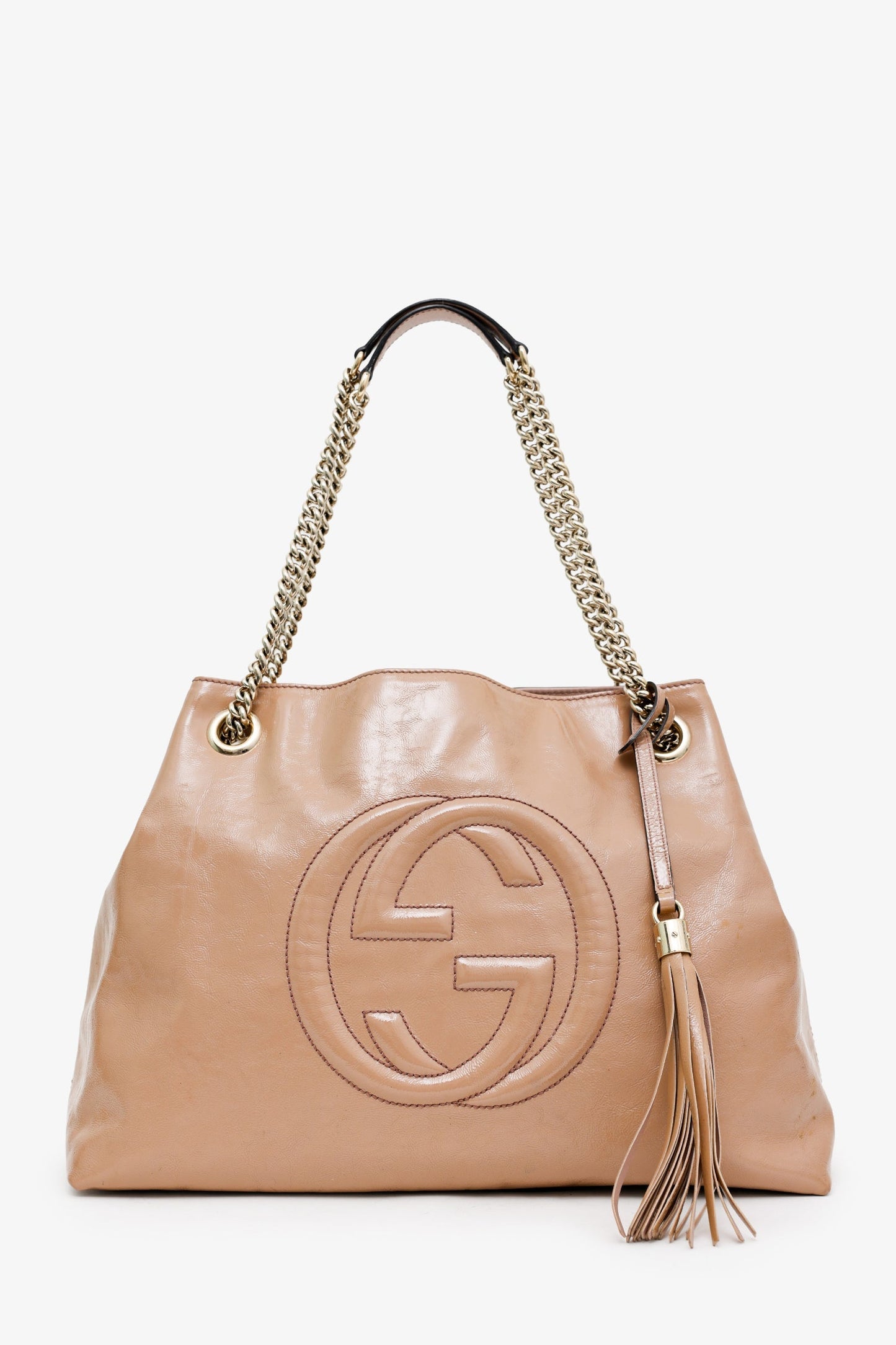 Gucci Beige Patent Leather Interlocking G Soho Medium Shoulder Bag