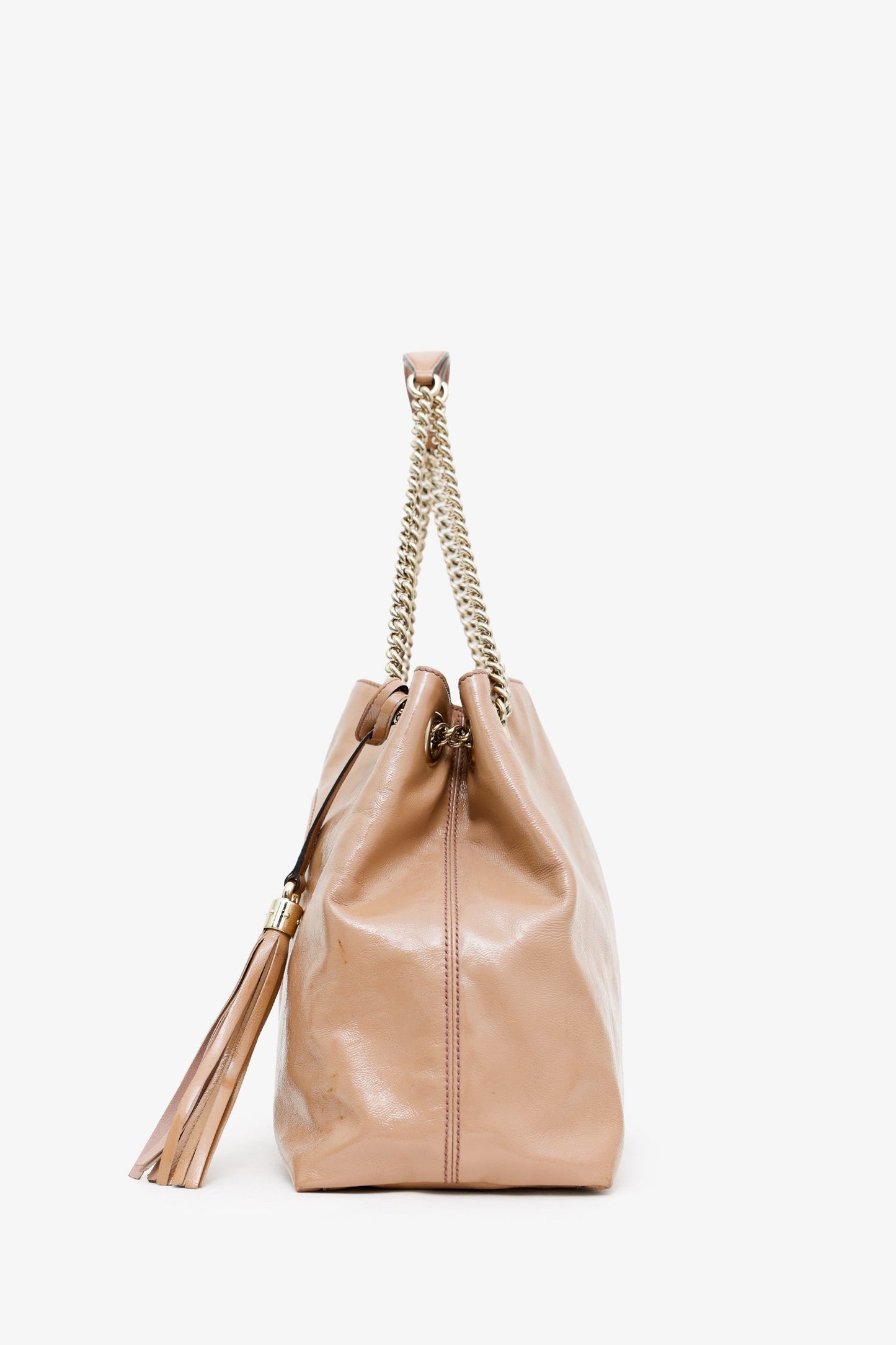Gucci Beige Patent Leather Interlocking G Soho Medium Shoulder Bag
