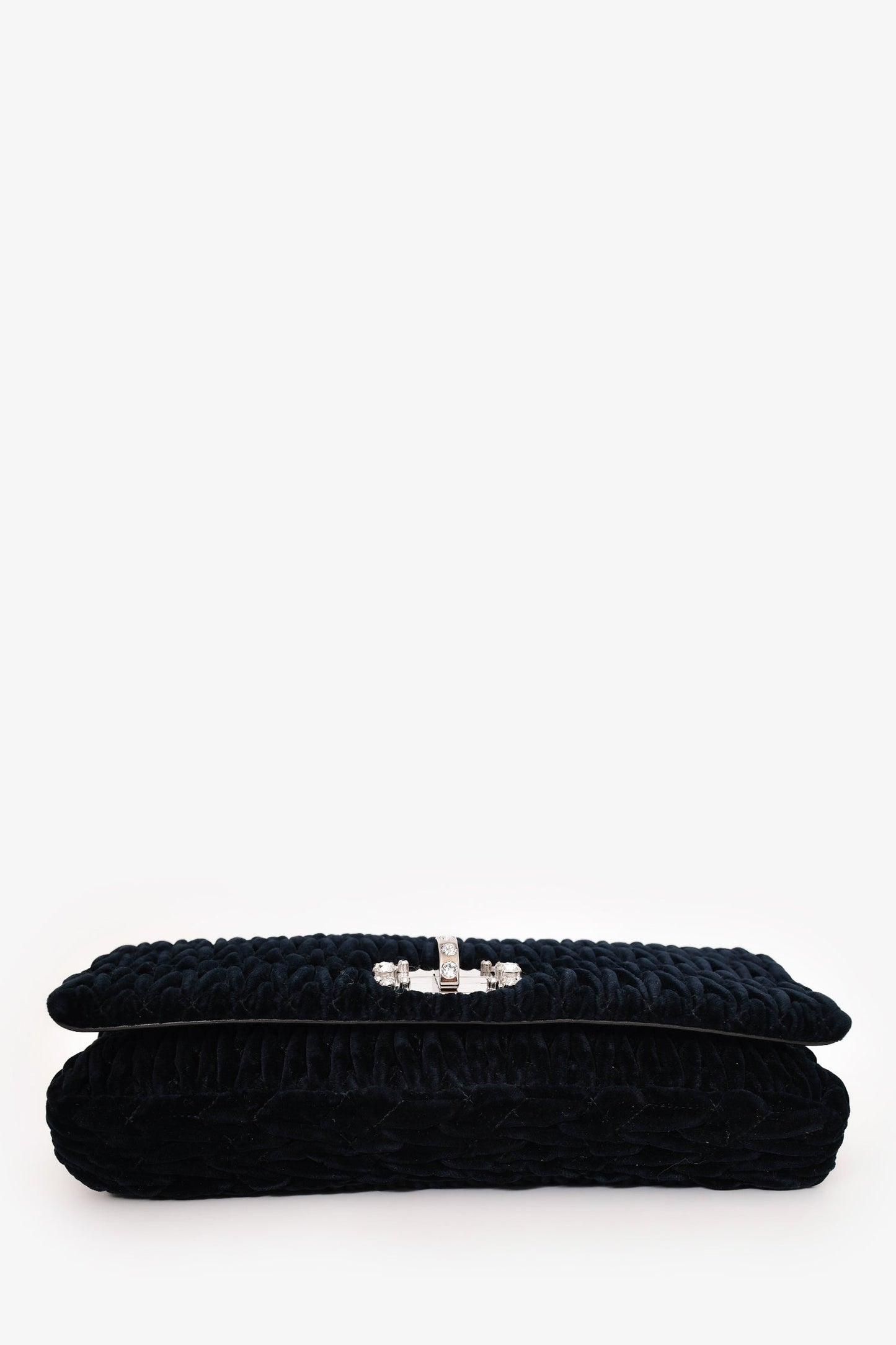 Miu Miu Navy Velvet Matelasse Crystal Flap Shoulder Bag with Strap