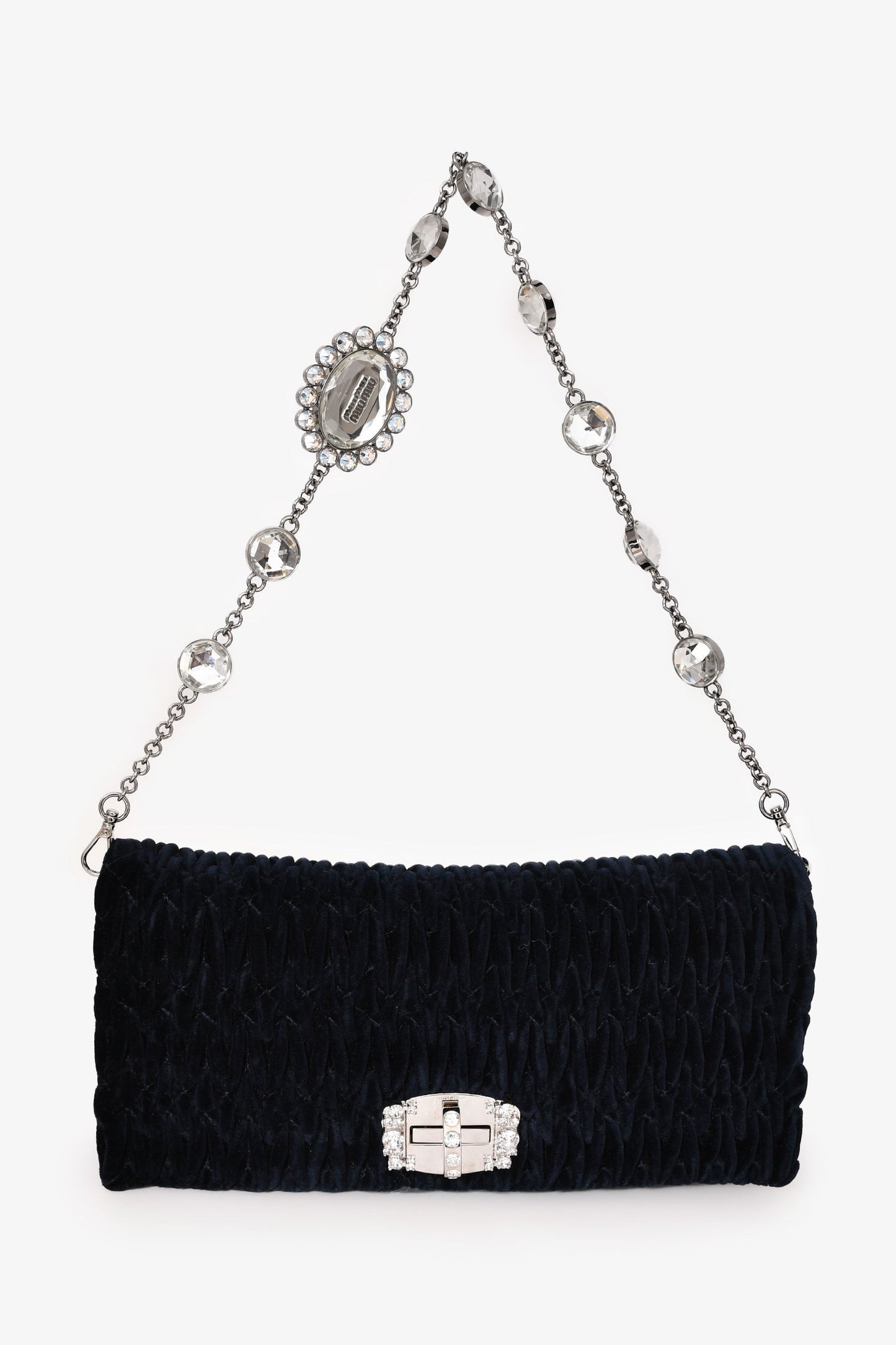 Miu Miu Navy Velvet Matelasse Crystal Flap Shoulder Bag with Strap