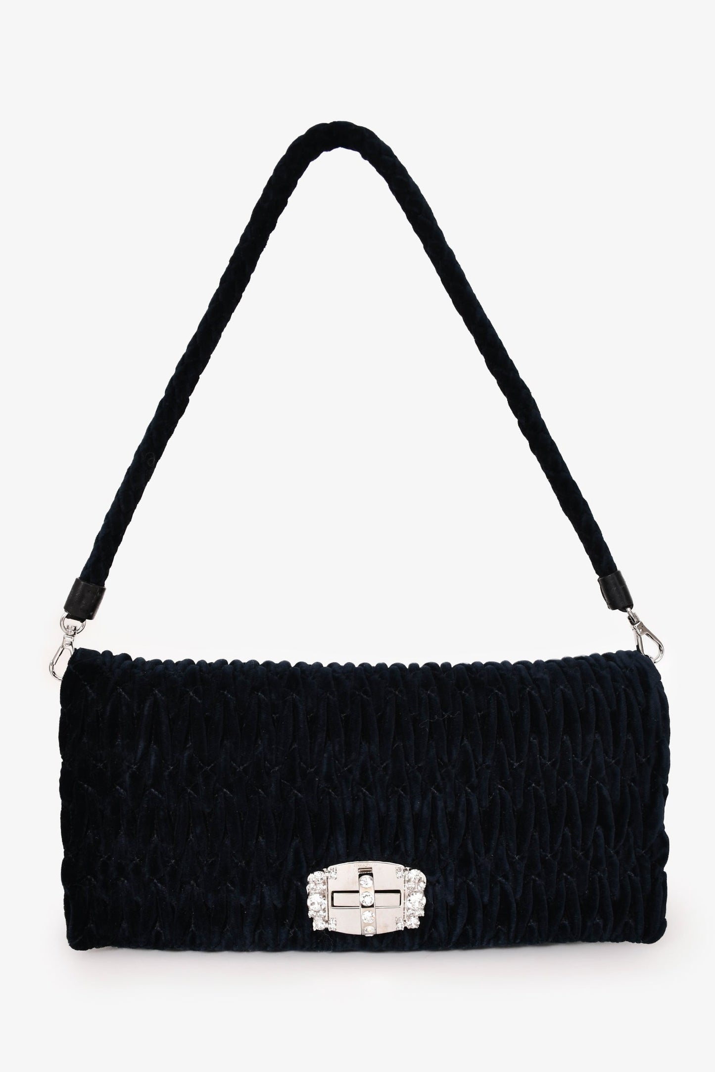 Miu Miu Navy Velvet Matelasse Crystal Flap Shoulder Bag with Strap