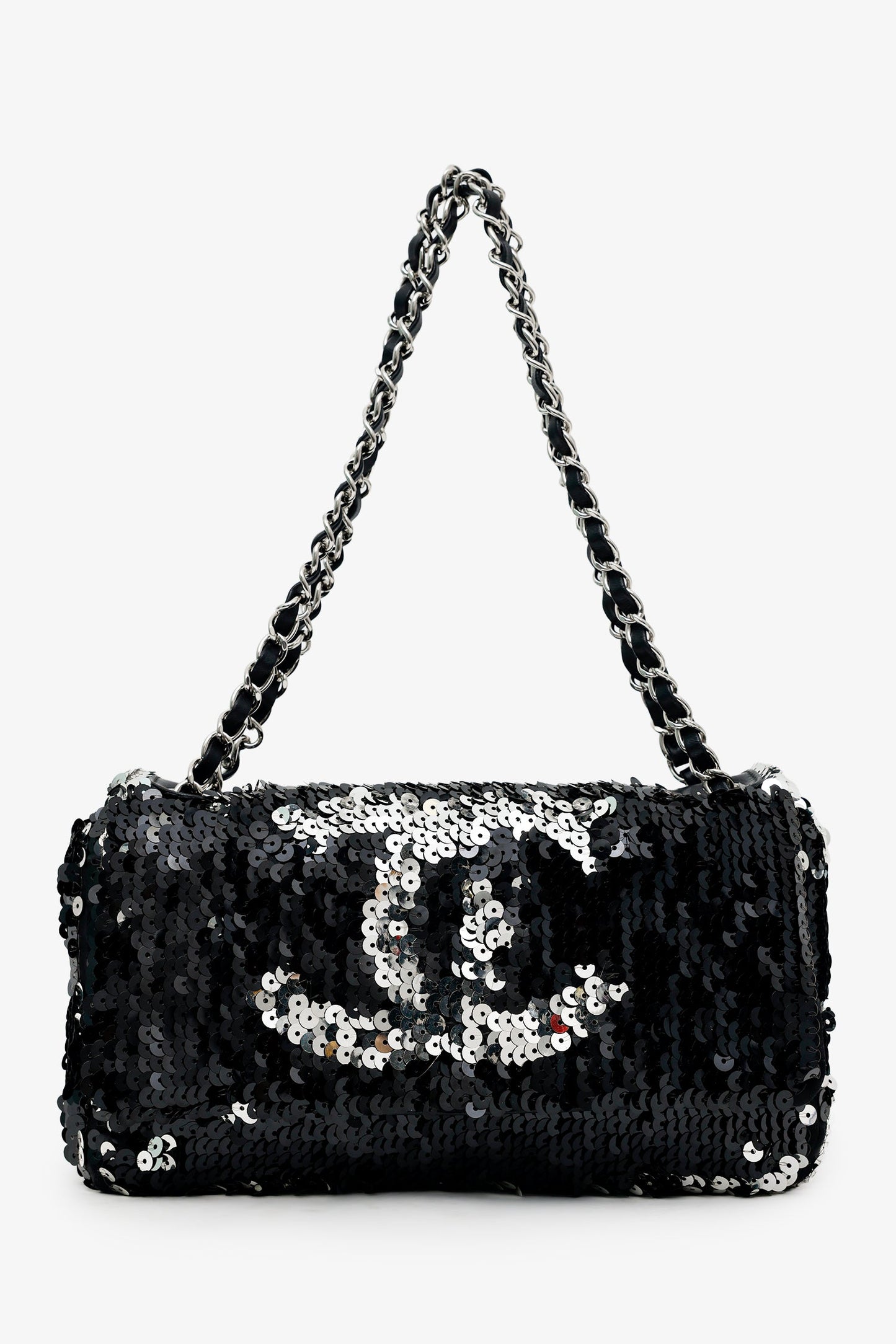 Chanel™ 2008-09 Black/Silver Sequin Flap CC Logo Shoulder Bag