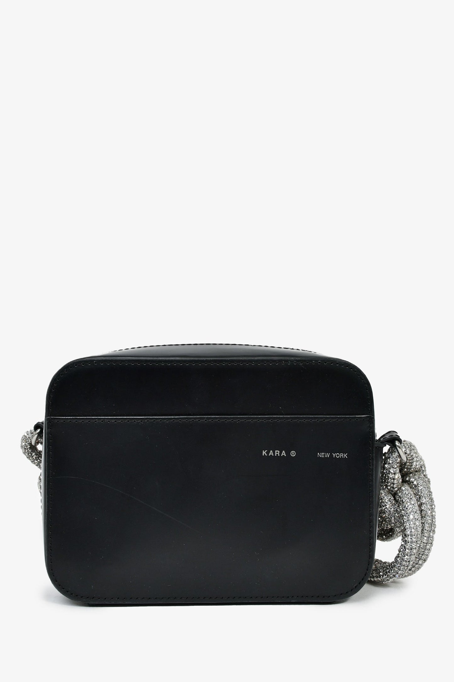 Kara Black Leather 'Cobra' Crossbody Bag With Crystal Embellished Strap