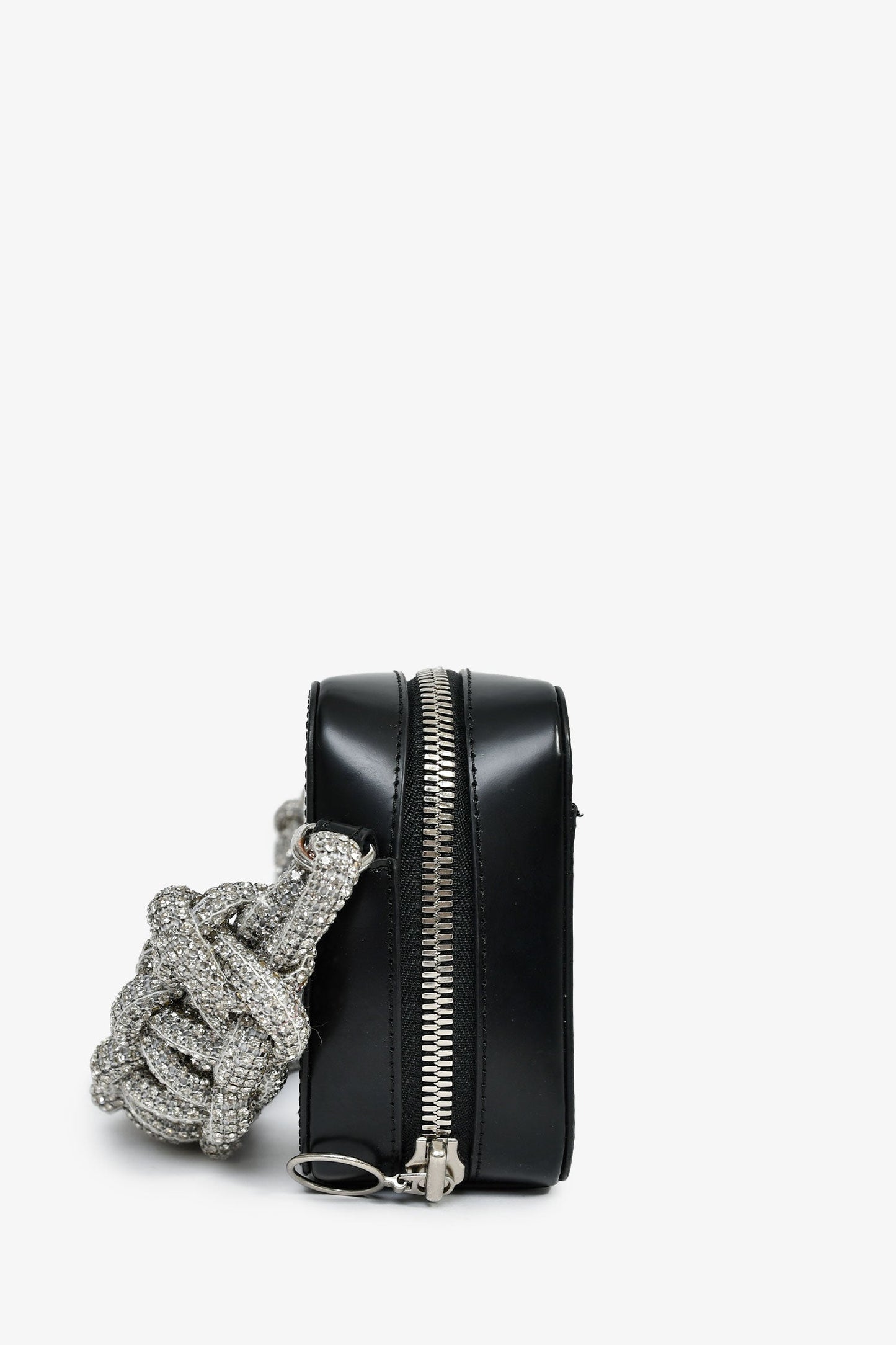 Kara Black Leather 'Cobra' Crossbody Bag With Crystal Embellished Strap
