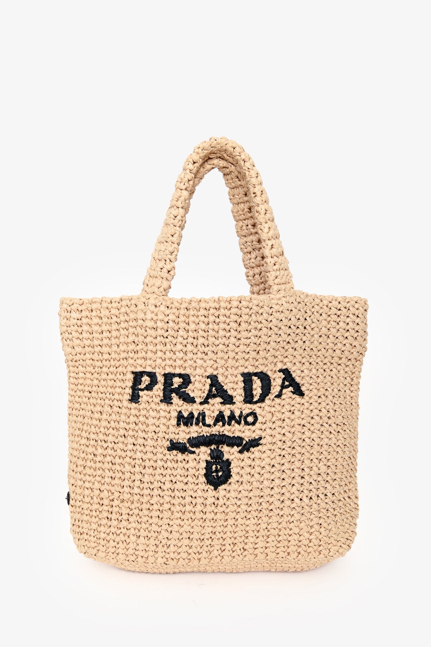 Prada Beige Raffia Logo-Embroidered Crochet Small Tote Bag