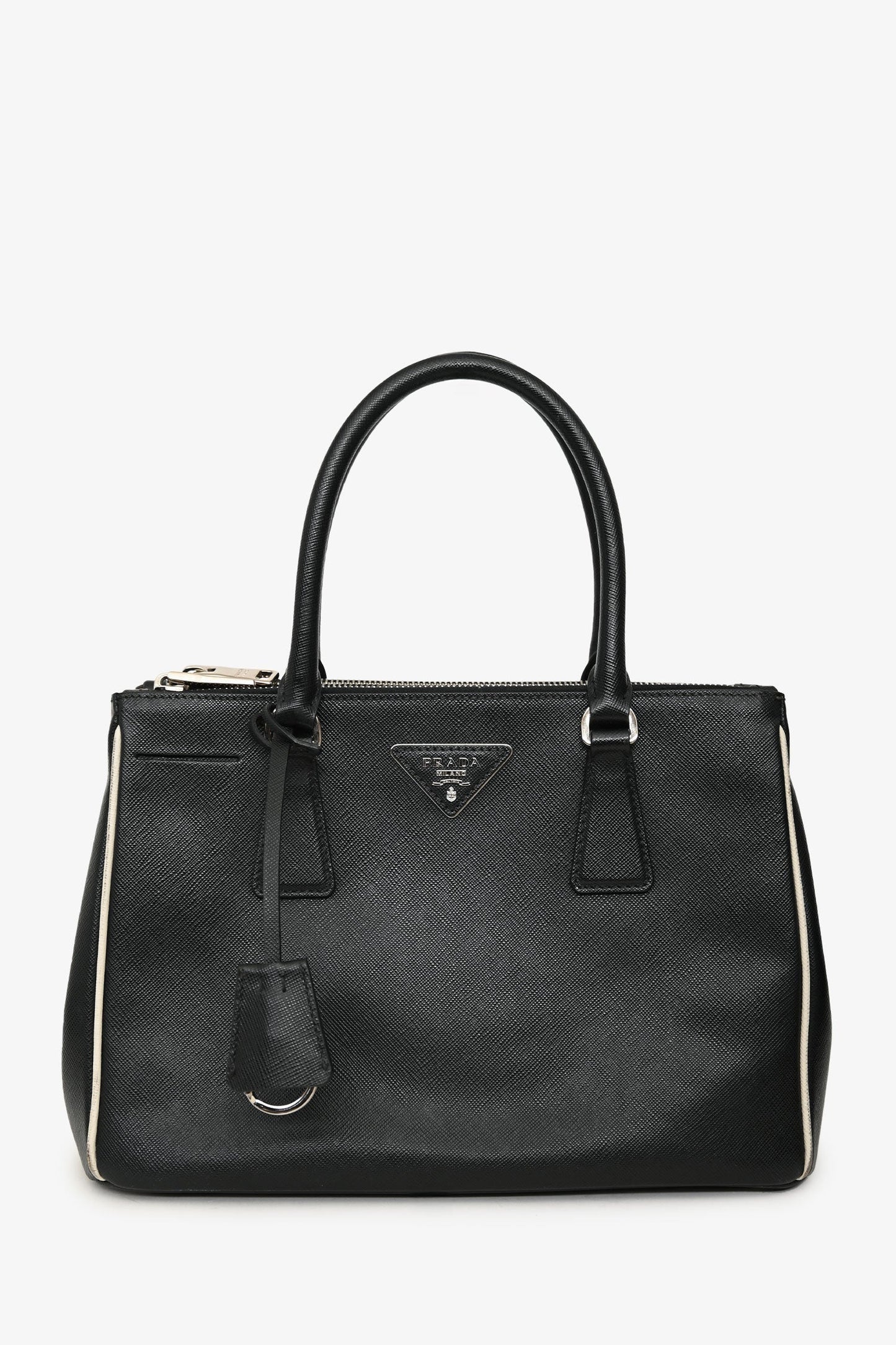 Prada Black/White Saffiano Small Double Zip Galleria Tote With Strap