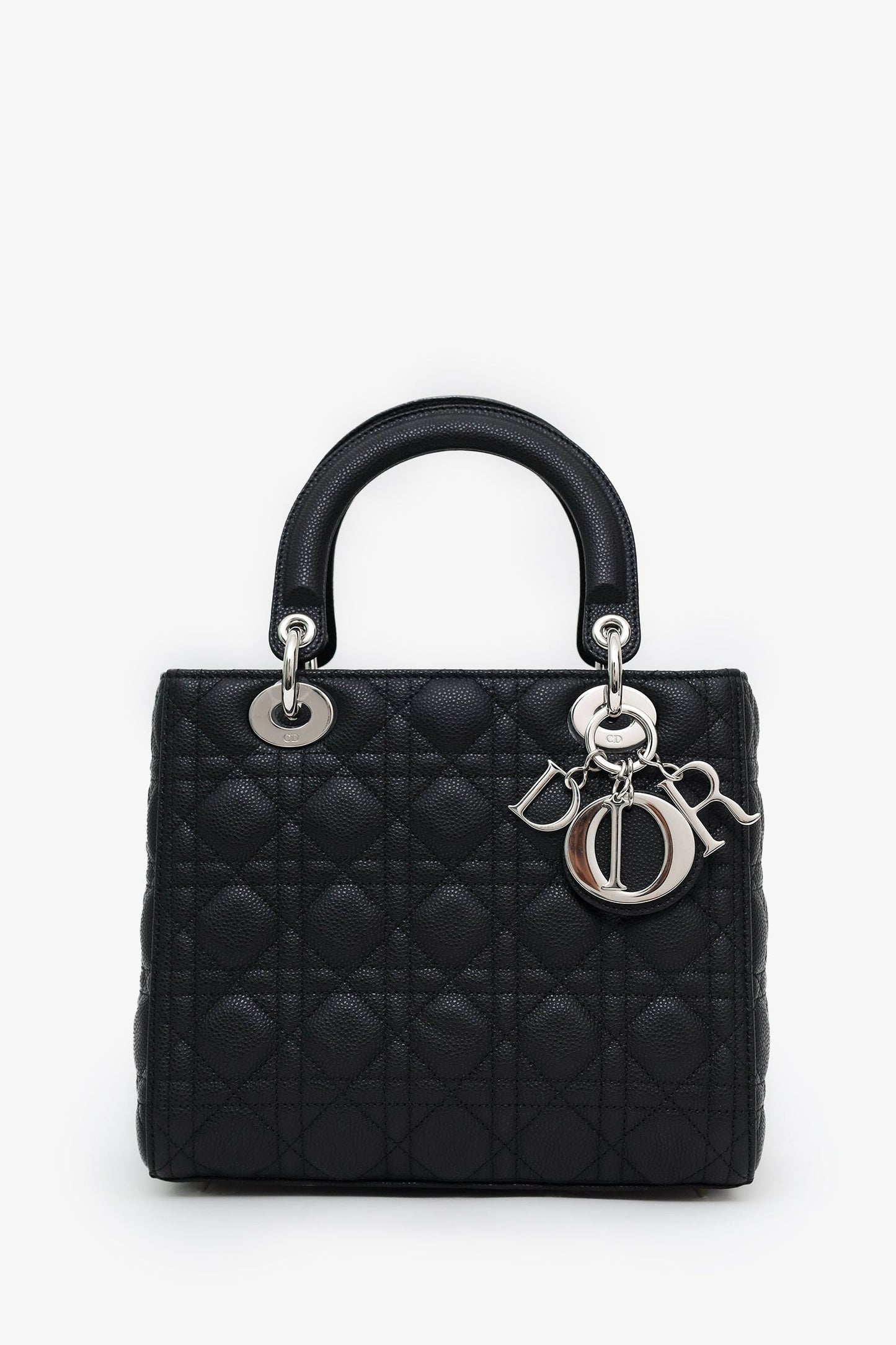 Christian Dior 2023 Black Grained Cannage Calfskin Medium Lady Dior Bag With Strap