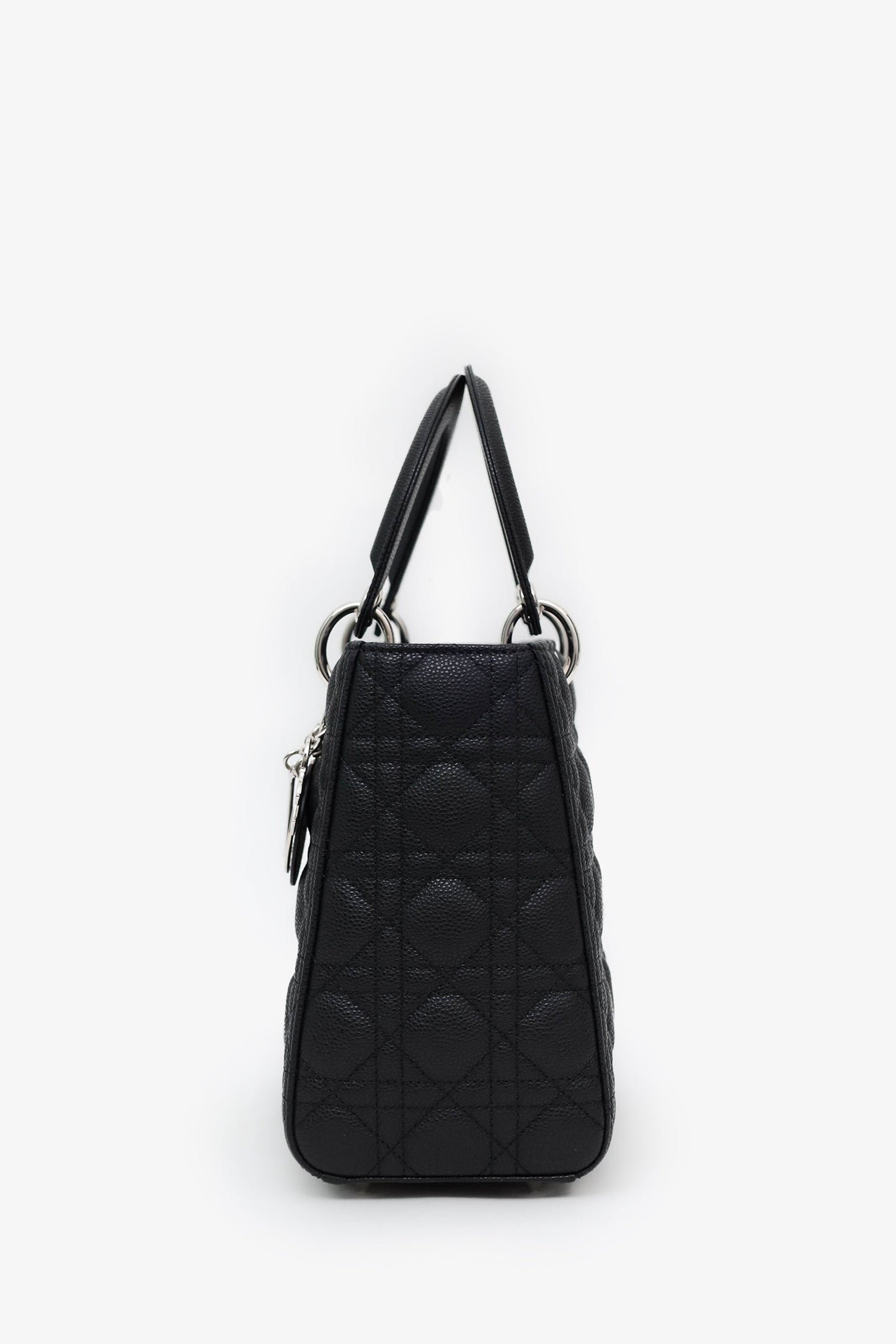 Christian Dior 2023 Black Grained Cannage Calfskin Medium Lady Dior Bag With Strap