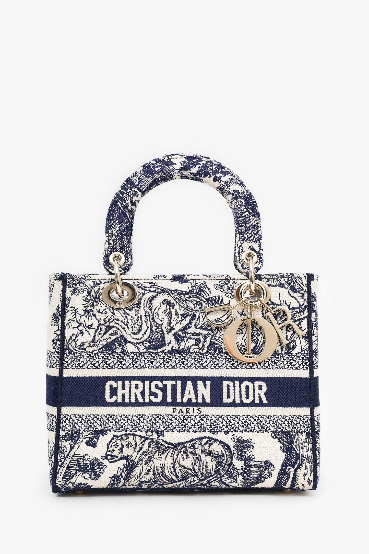 Christian Dior 2022 Navy/White Jacquard D-Lite Medium Top Handle With Strap