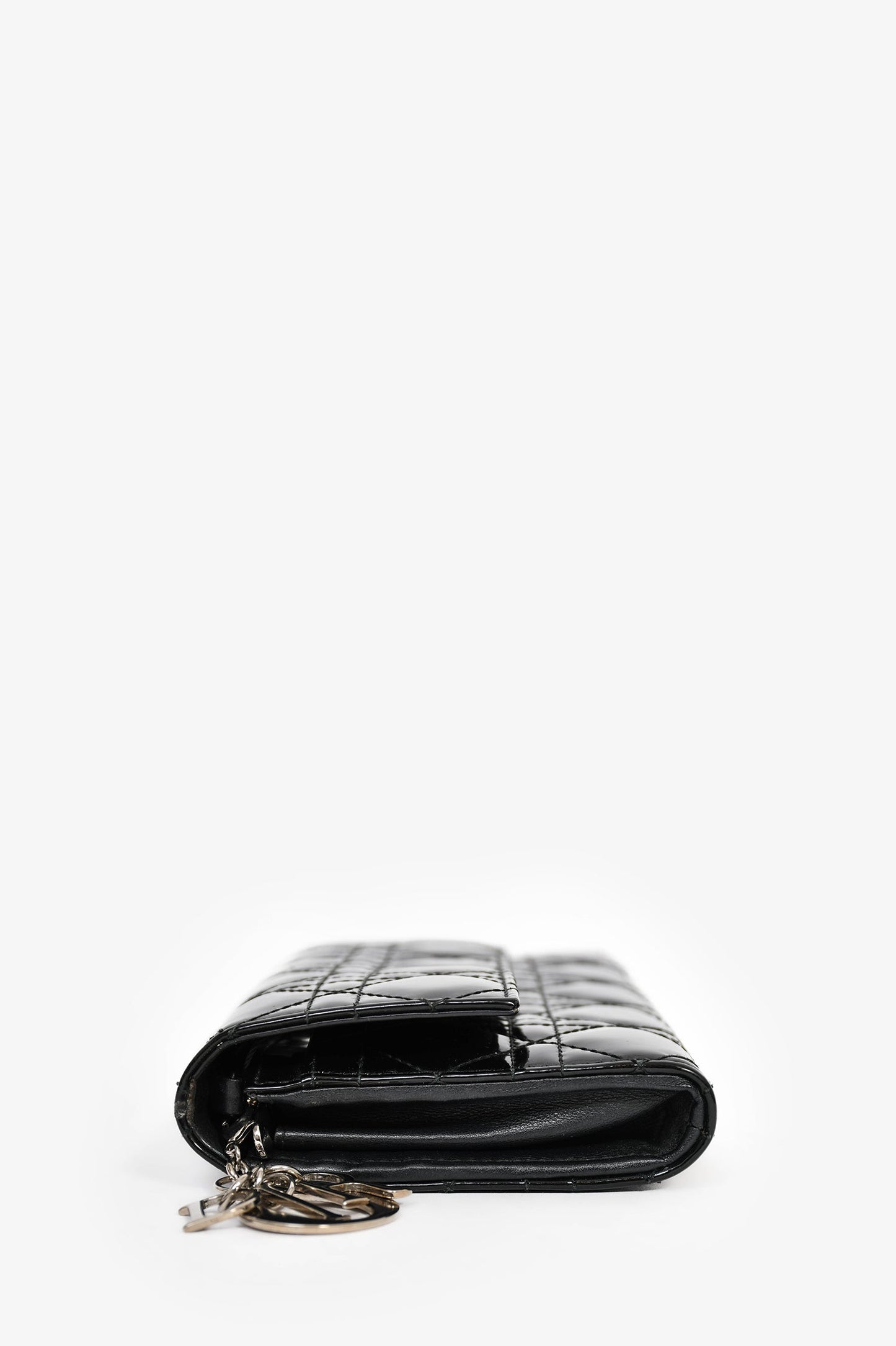 Christian Dior 2014 Black Cannage Patent Leather Lady Wallet On Chain