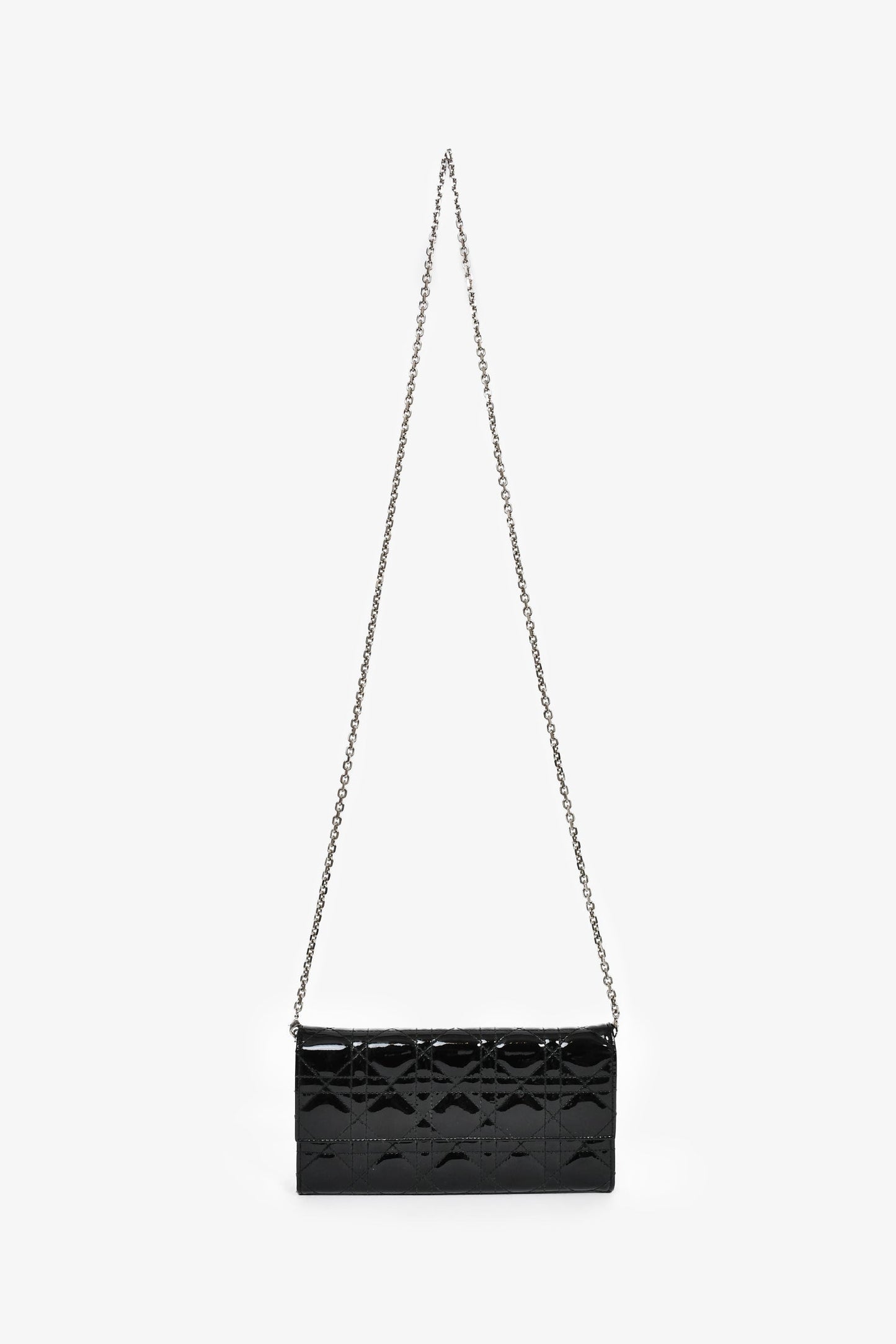 Christian Dior 2014 Black Cannage Patent Leather Lady Wallet On Chain