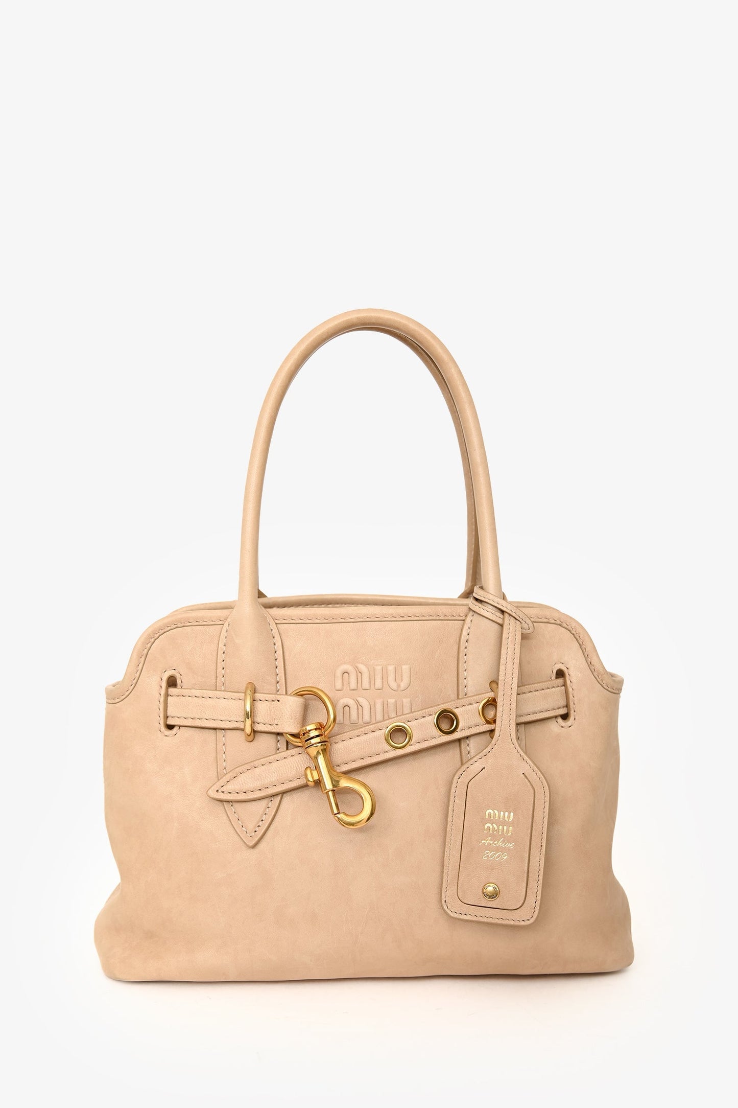Miu Miu 2024 Runway Beige Nappa Leather Archive 2009 Aventure Top Handle Bag With Strap