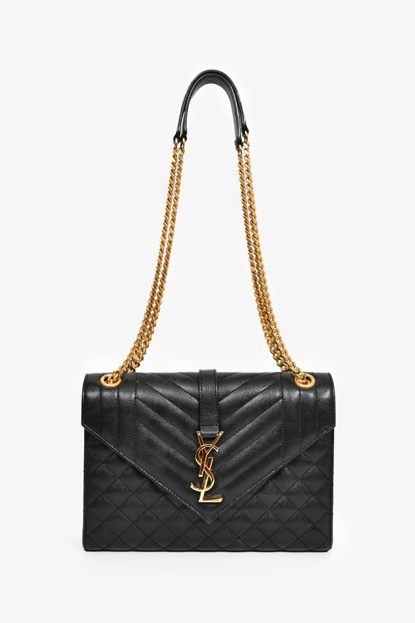 Saint Laurent Black Grained Leather Tri-Quilted Envelope Chain Medium Shoulder Bag