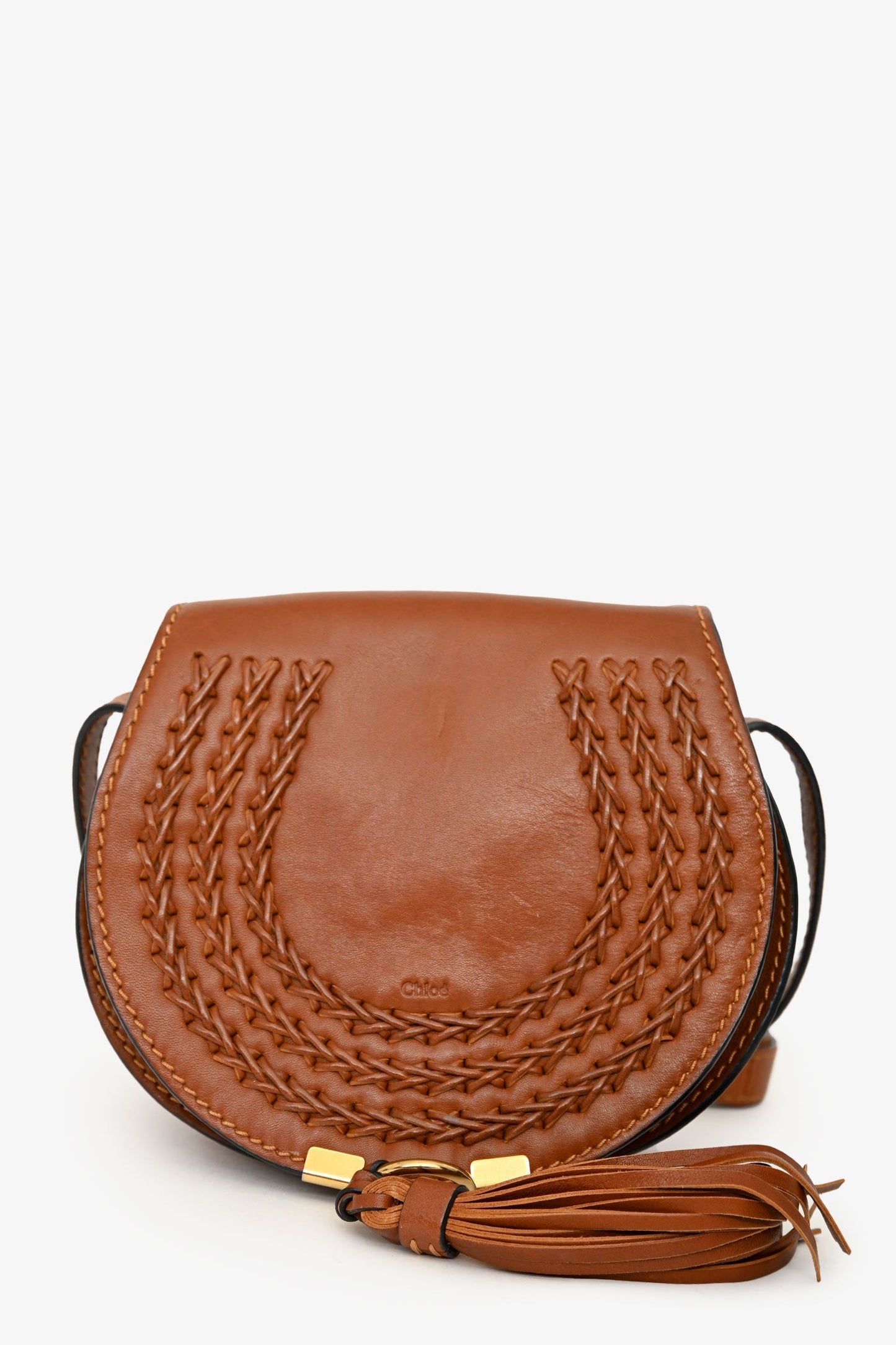 Chloe Brown Leather Whipstitch Small Saddle Marcie Crossbody Bag