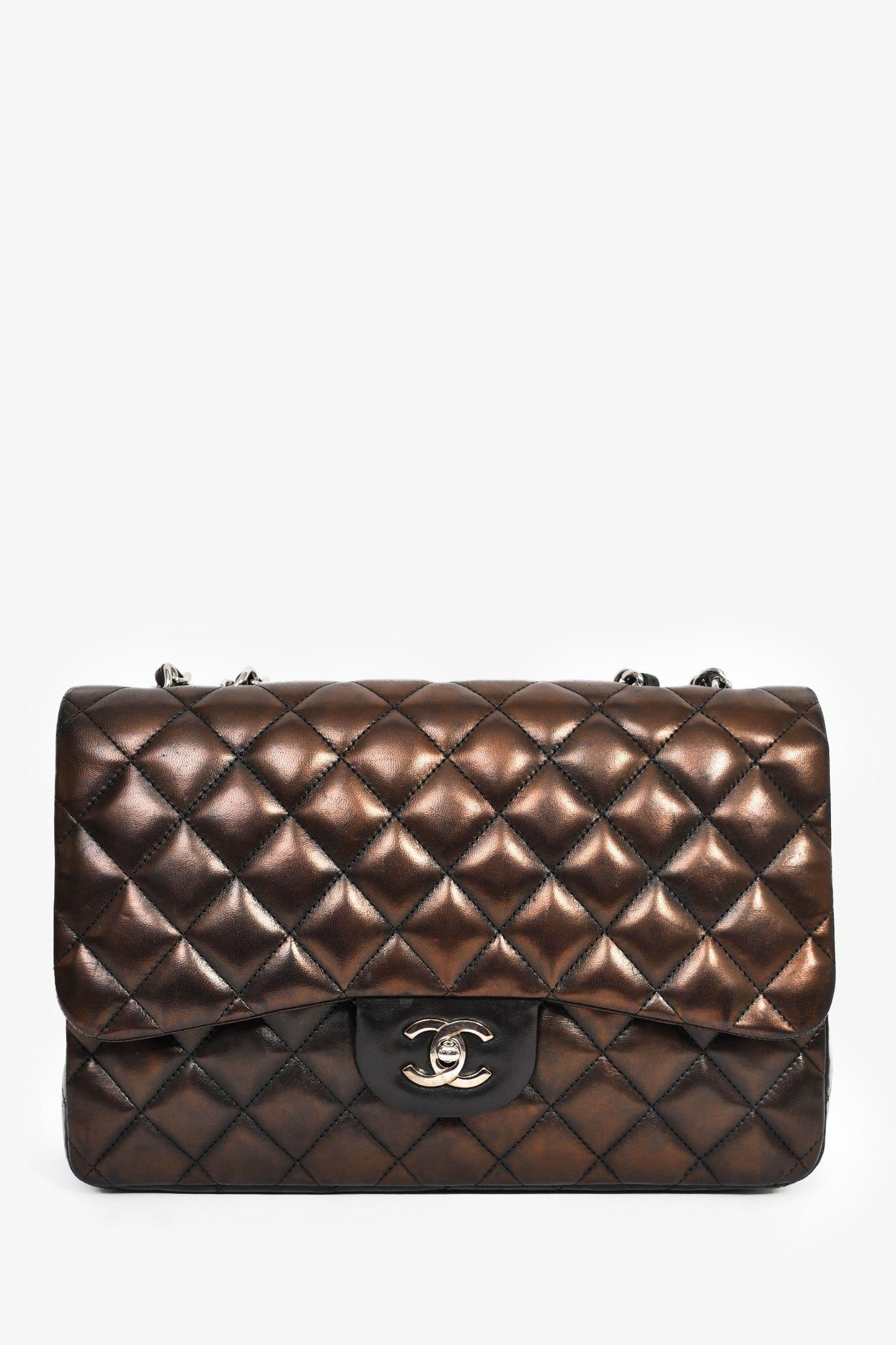 Chanel™ 2009/2010 Brown/Black Lambskin Leather Metallic Single Flap Jumbo Bag