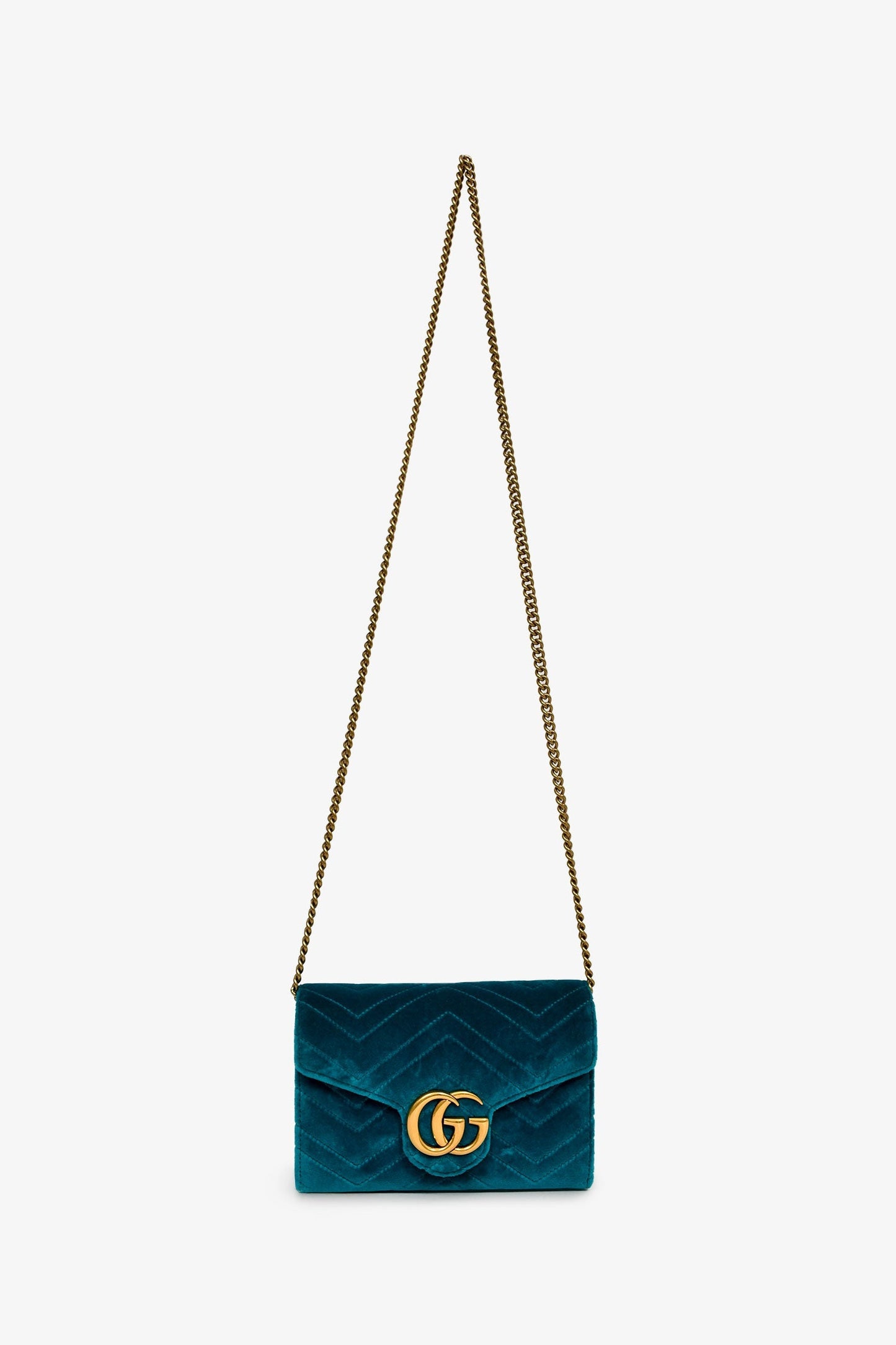 Gucci Teal Blue Velvet GG Matelasse Marmont Wallet on Chain