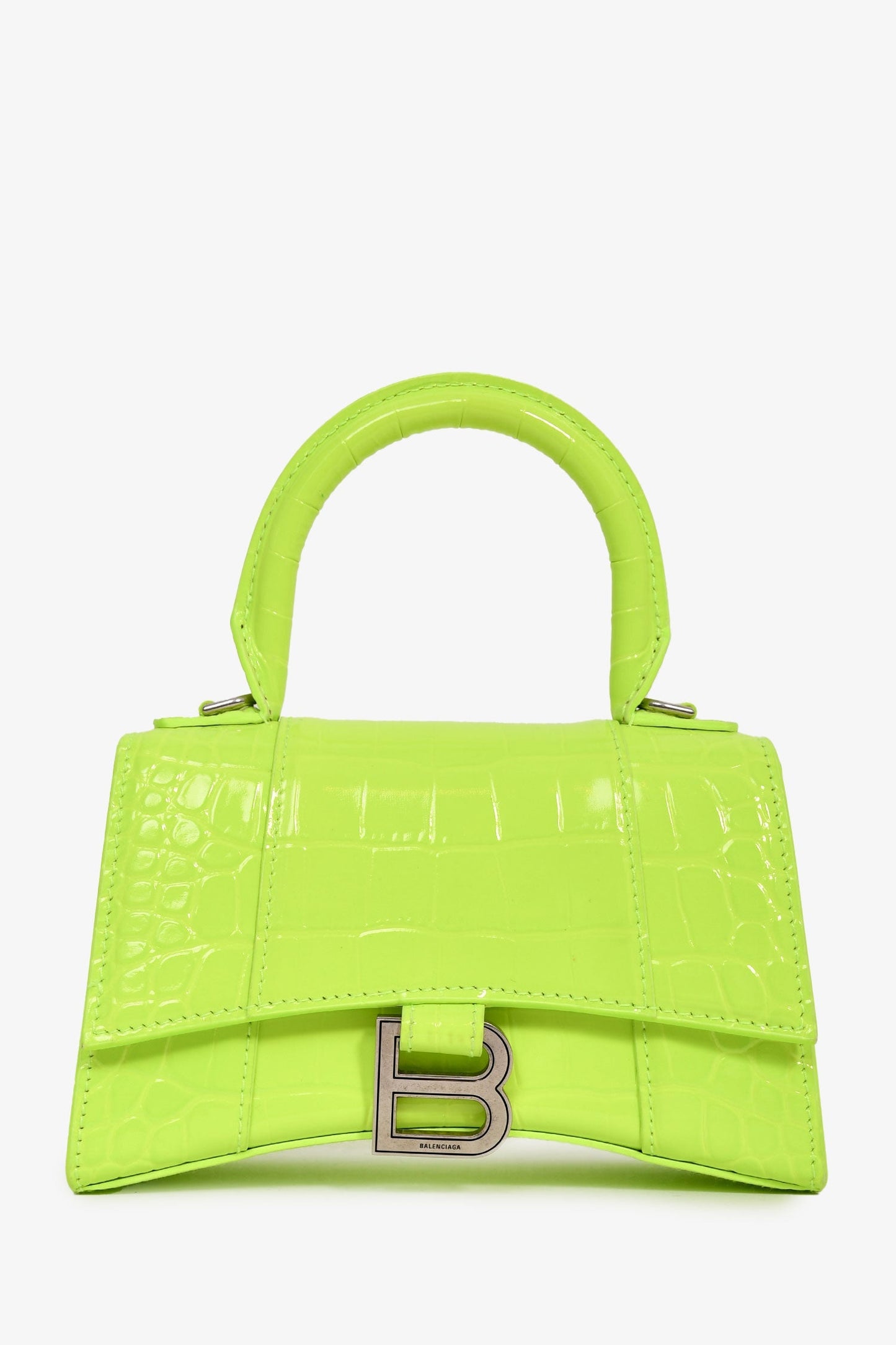 Balenciaga Neon Yellow Croc Embossed XS Hourglass Top Handle Bag