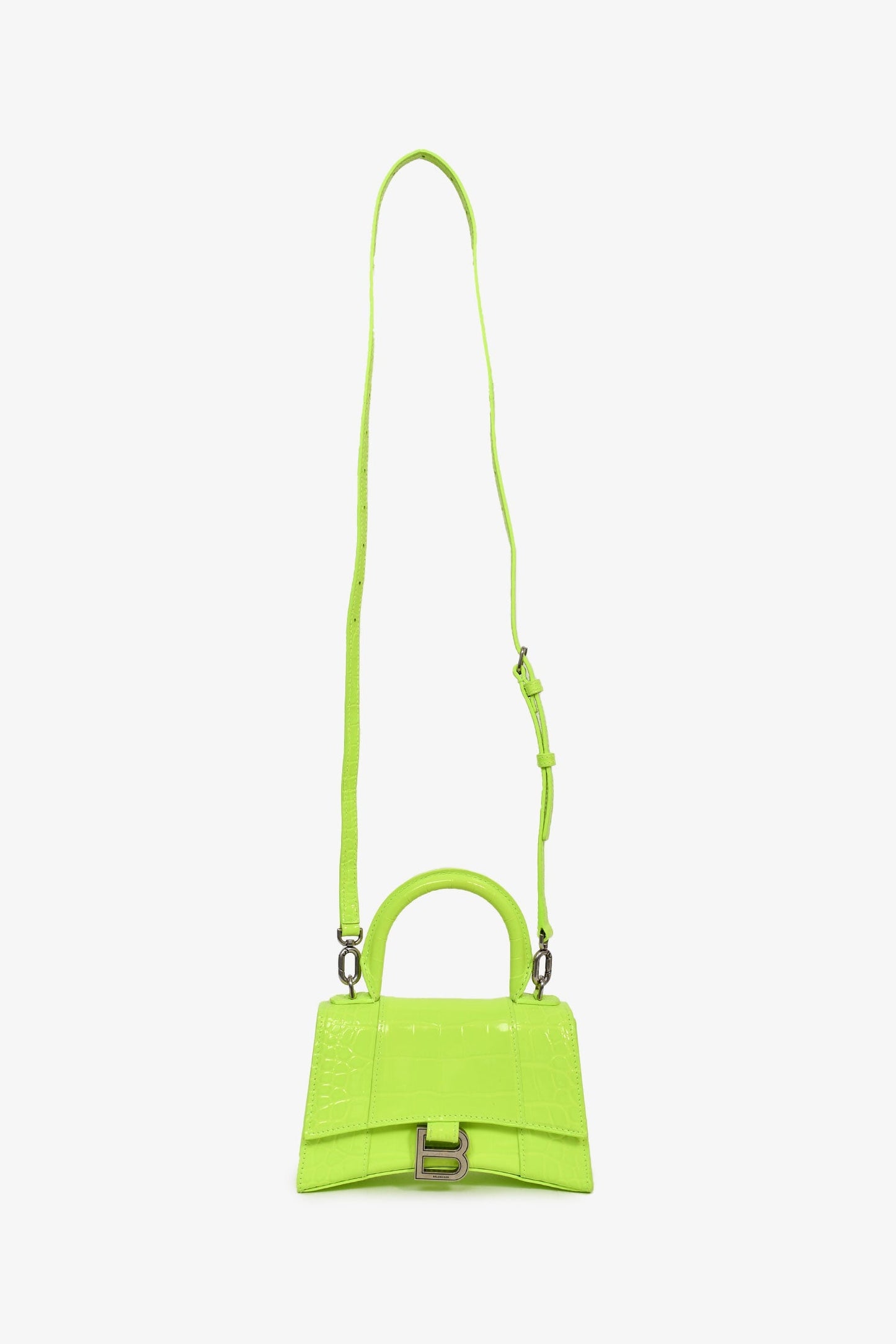 Balenciaga Neon Yellow Croc Embossed XS Hourglass Top Handle Bag