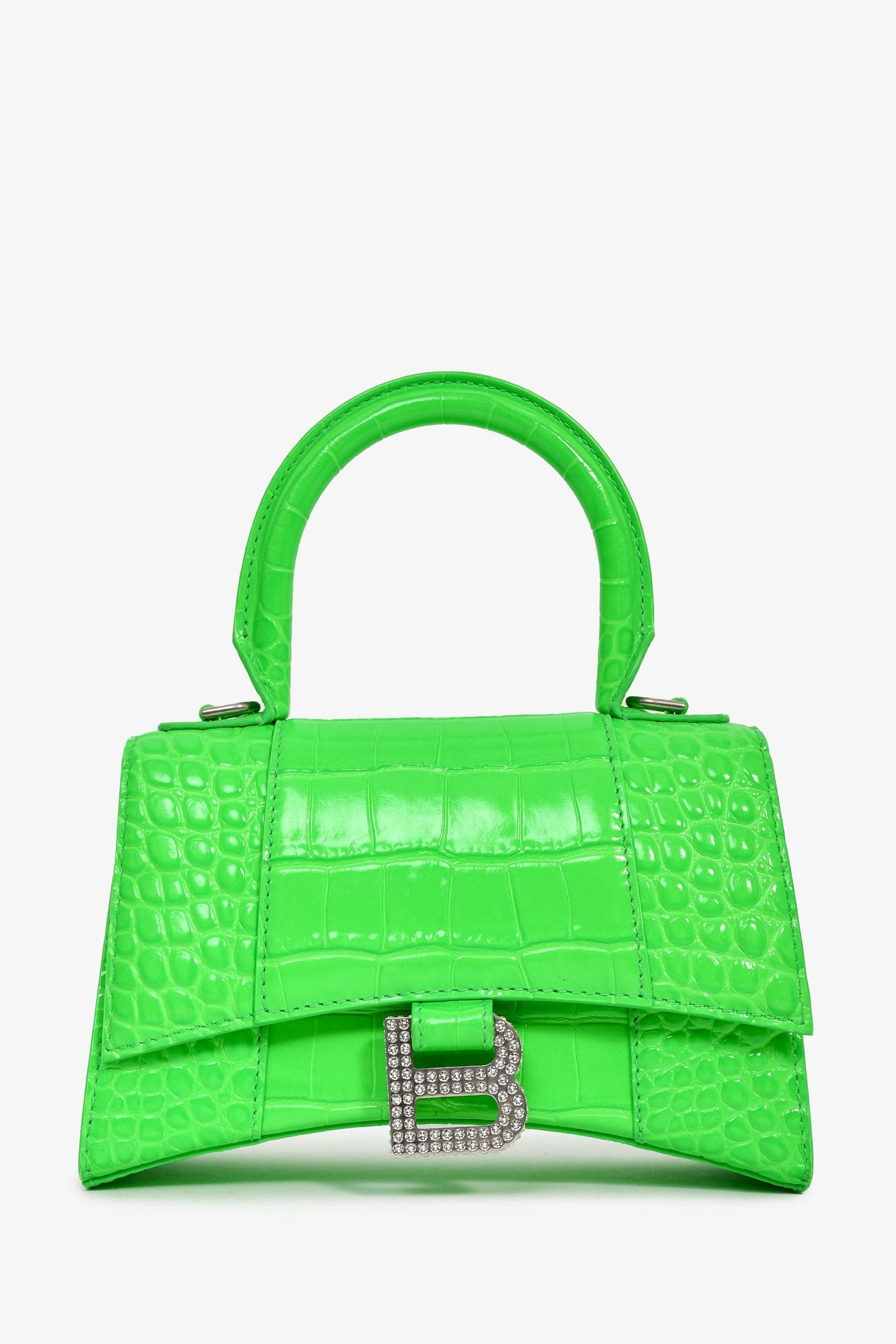 Balenciaga Green Croc Embossed Embellished XS Hourglass Top Handle Bag With Strap