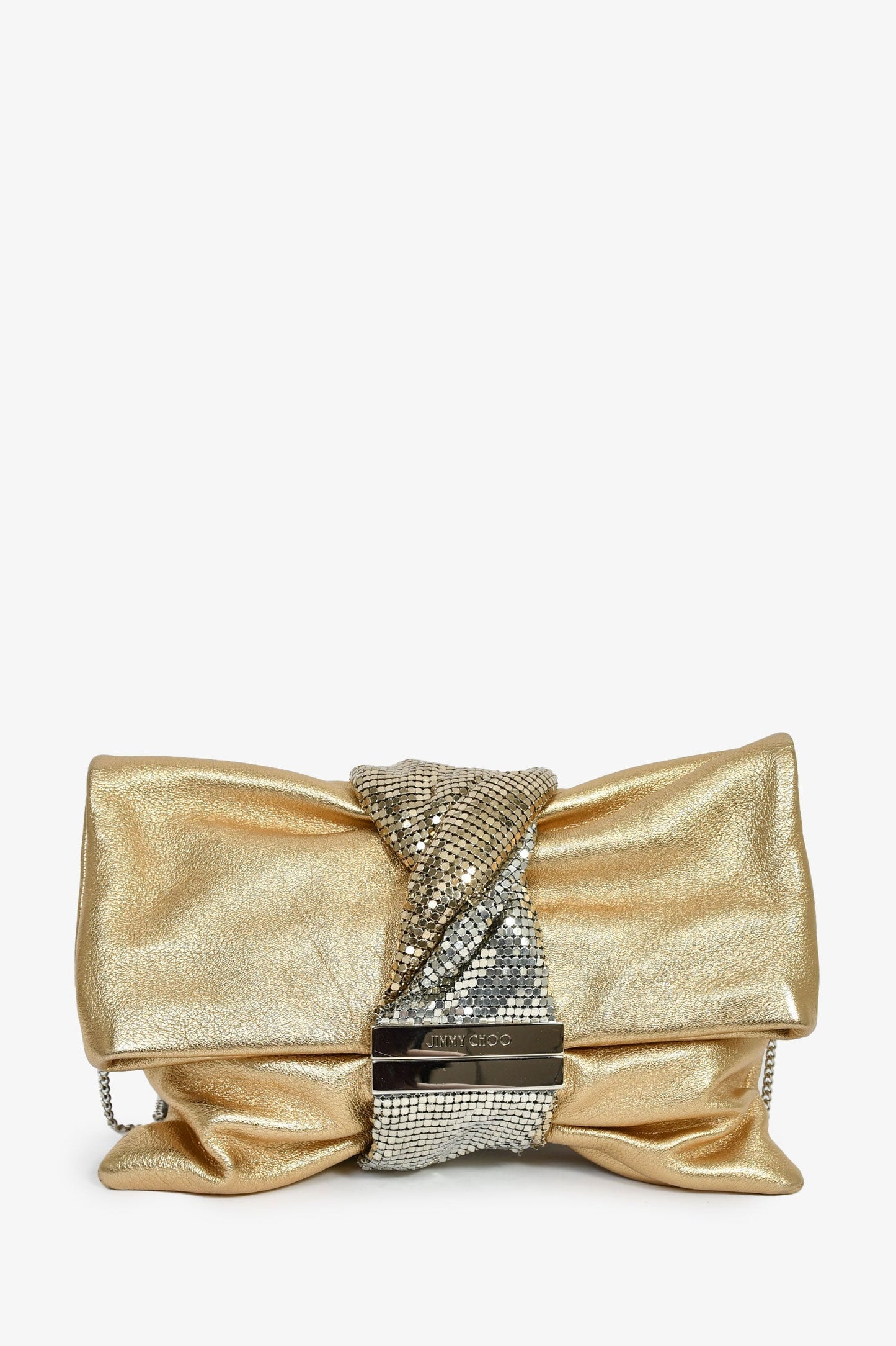 Jimmy Choo Gold Leather Silver Chain Mesh Fold Over Clutch With Bracelet Chain
