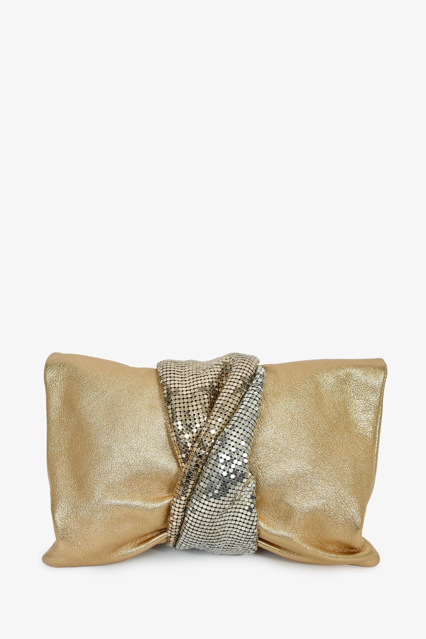 Jimmy Choo Gold Leather Silver Chain Mesh Fold Over Clutch With Bracelet Chain