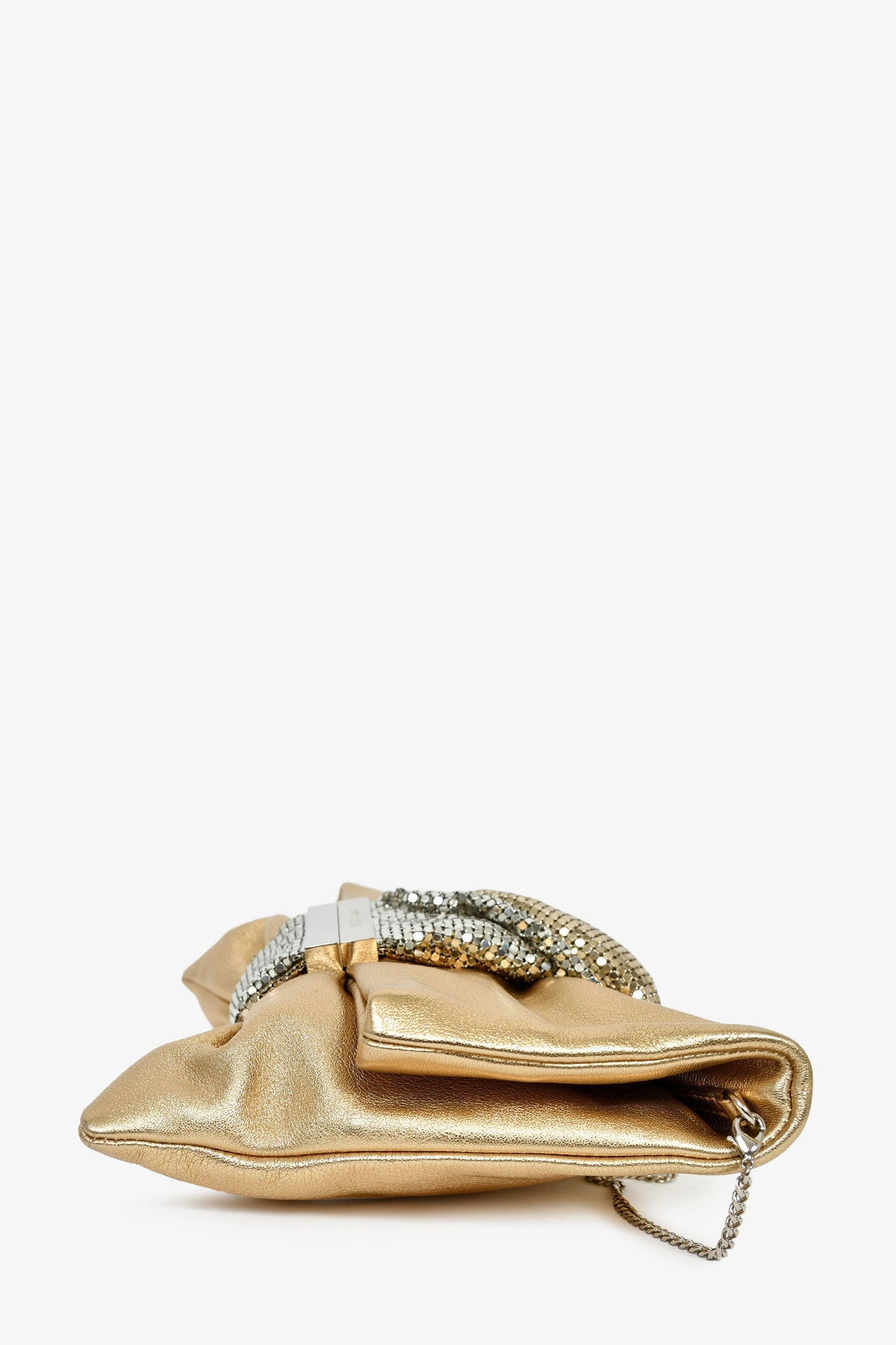 Jimmy Choo Gold Leather Silver Chain Mesh Fold Over Clutch With Bracelet Chain