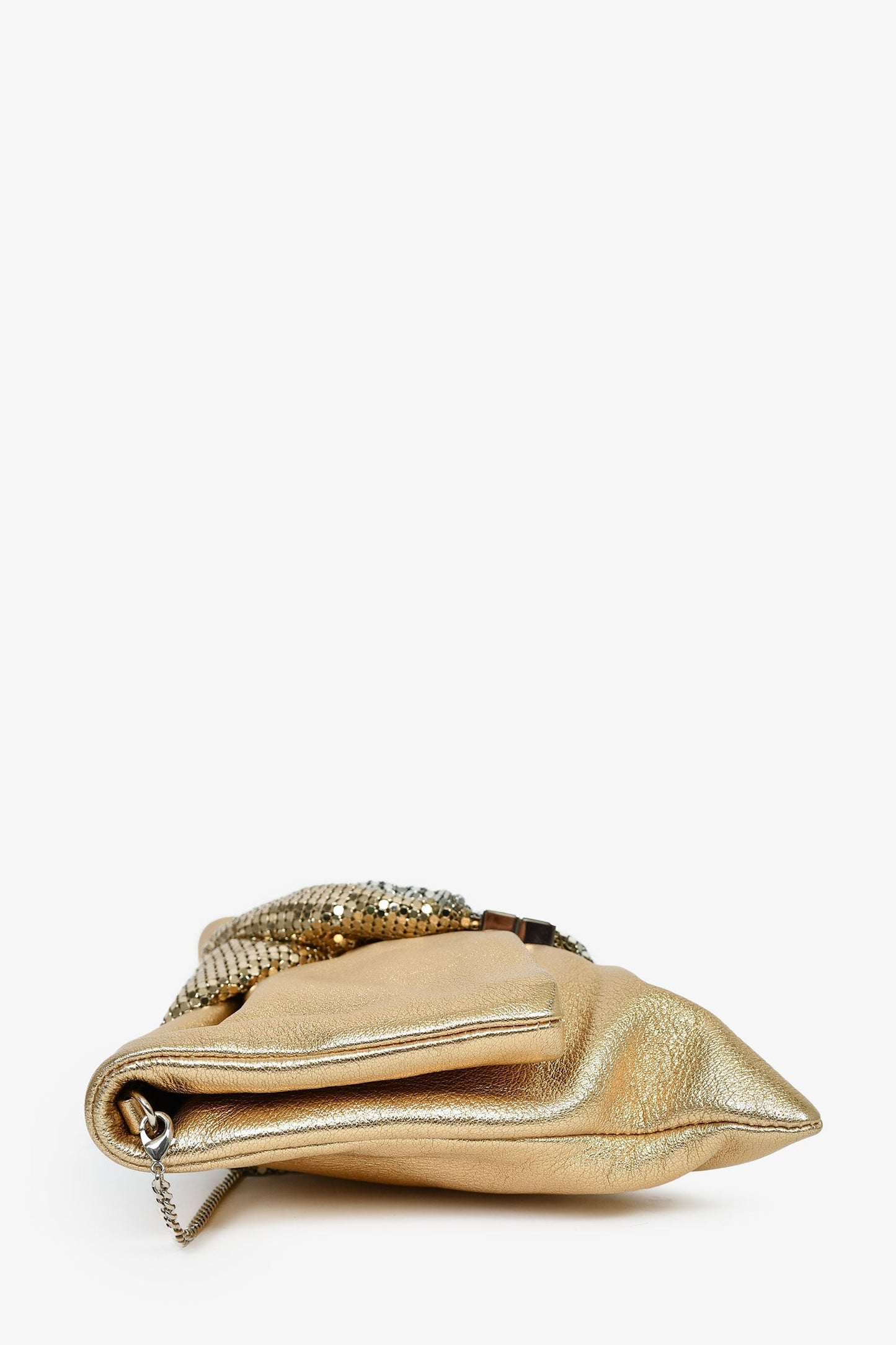Jimmy Choo Gold Leather Silver Chain Mesh Fold Over Clutch With Bracelet Chain