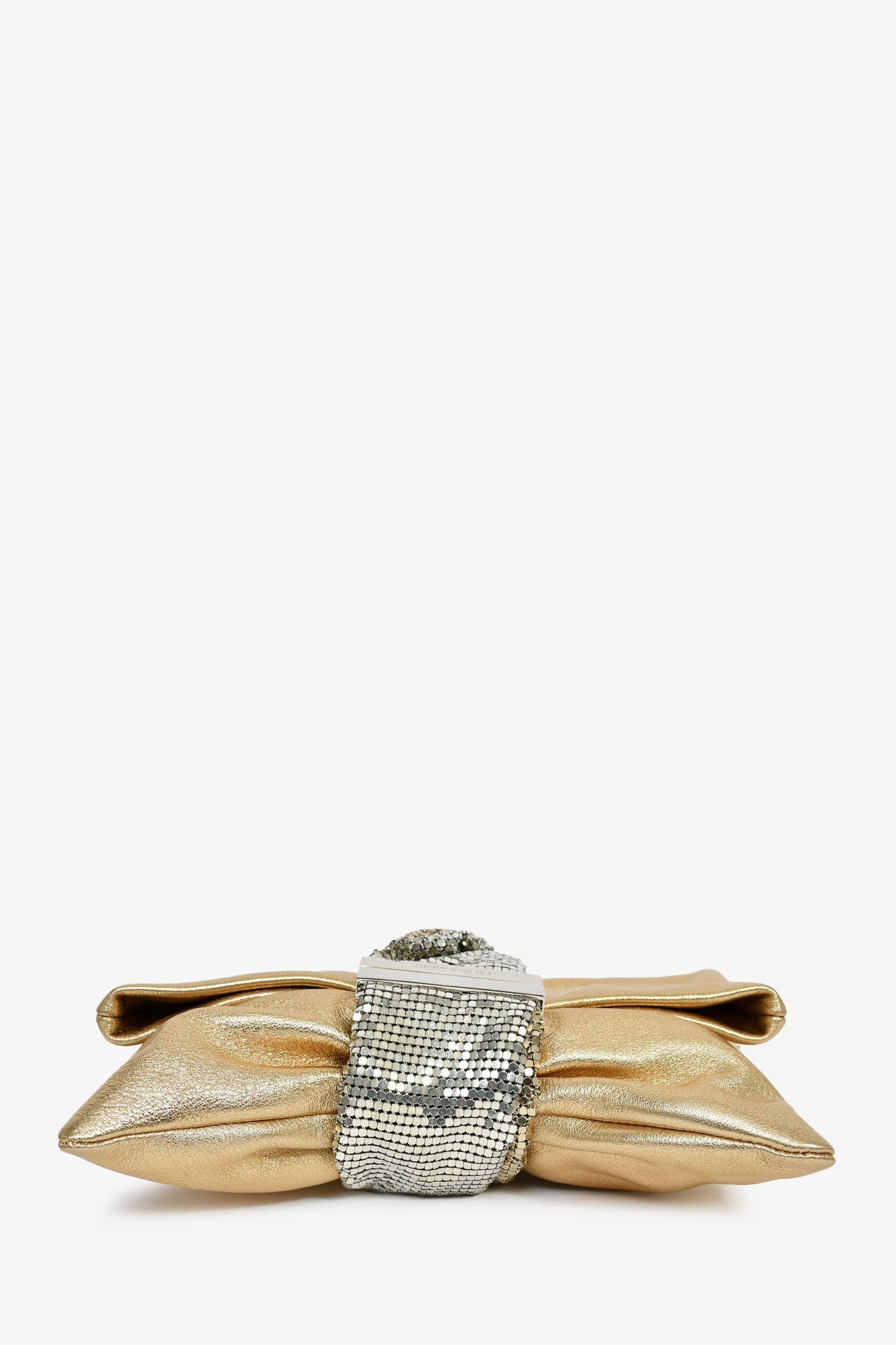 Jimmy Choo Gold Leather Silver Chain Mesh Fold Over Clutch With Bracelet Chain