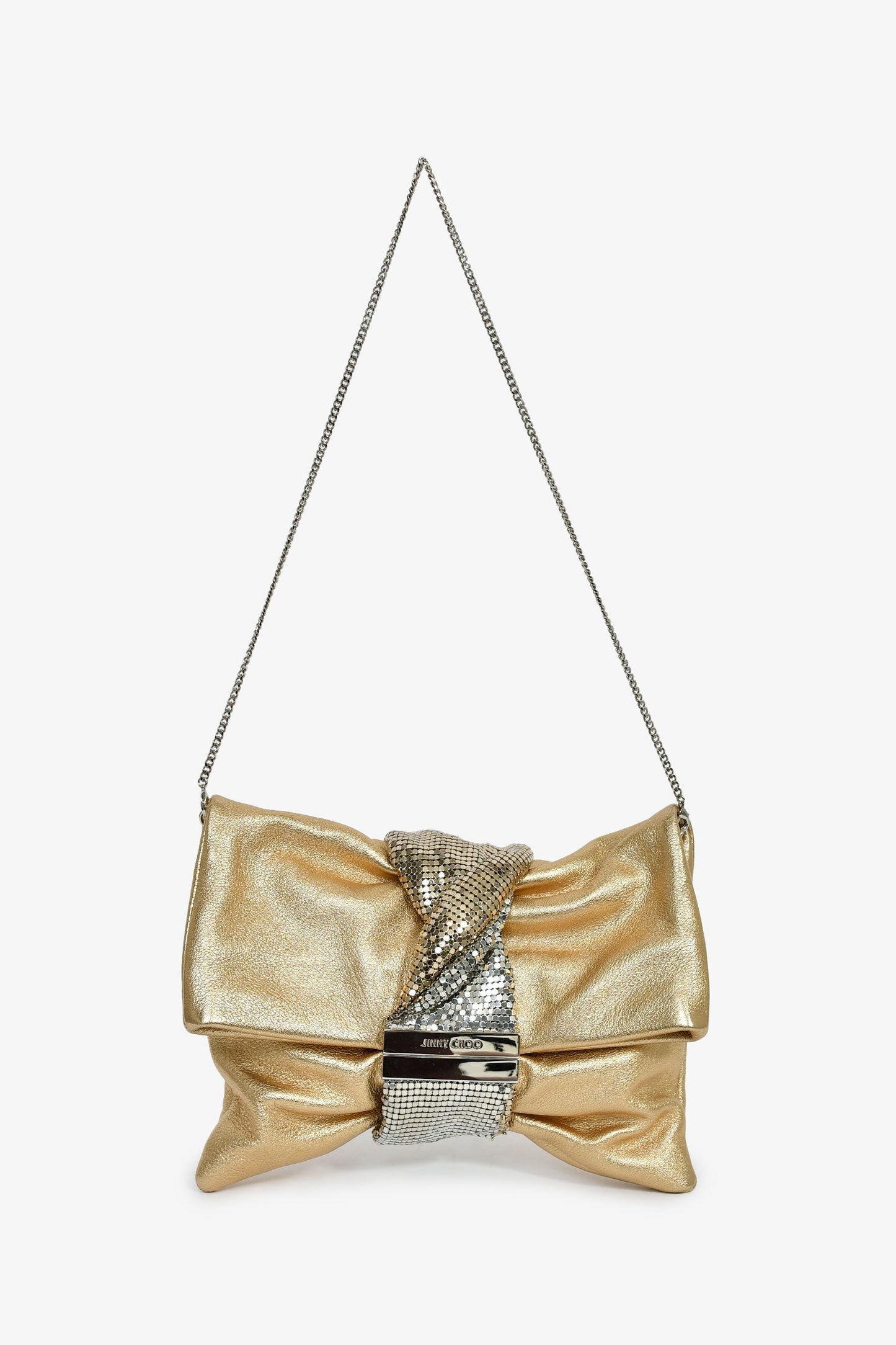 Jimmy Choo Gold Leather Silver Chain Mesh Fold Over Clutch With Bracelet Chain