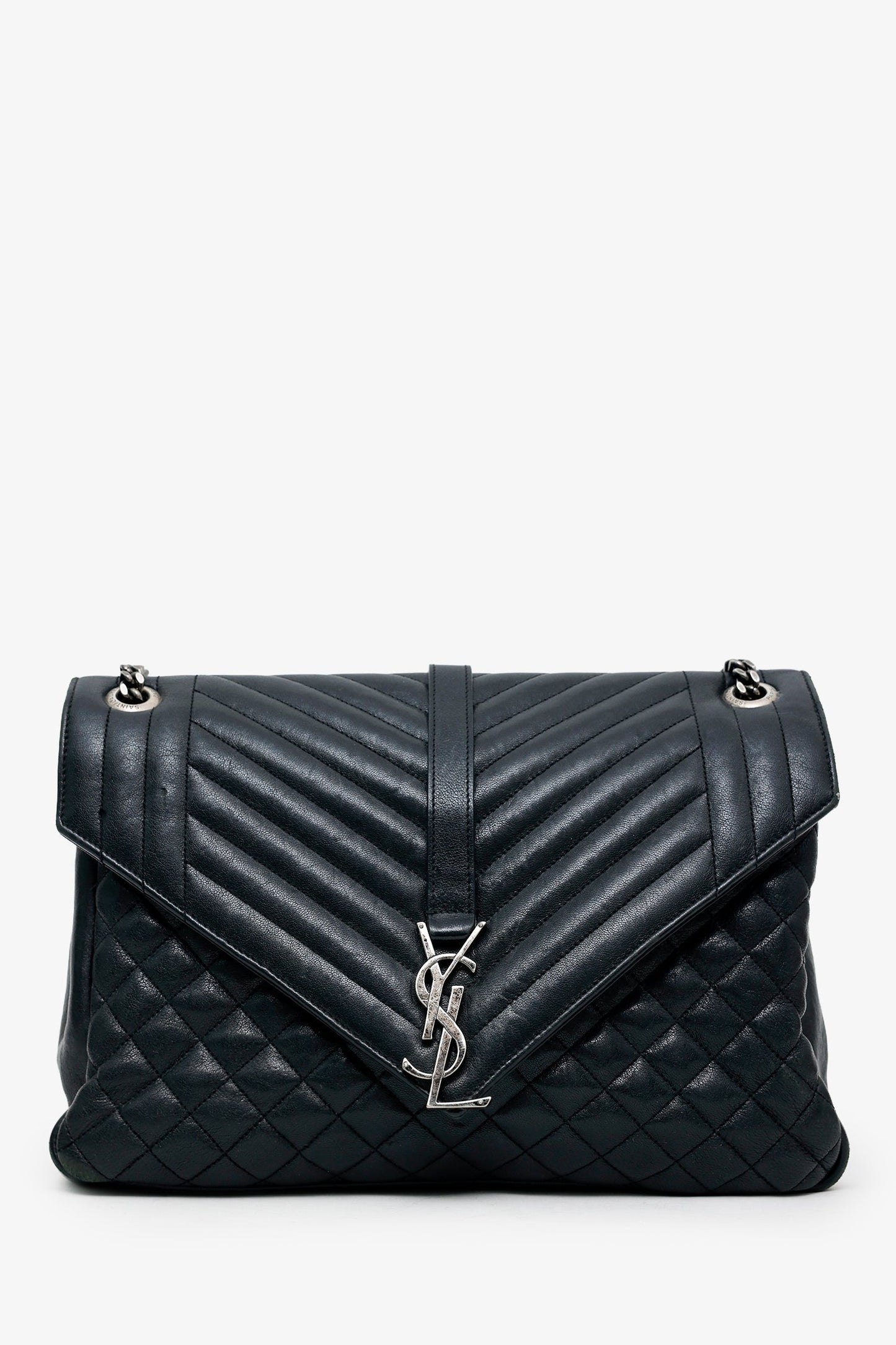 Saint Laurent Black Chevron Tri-Quilted Leather Monogram Large College Bag