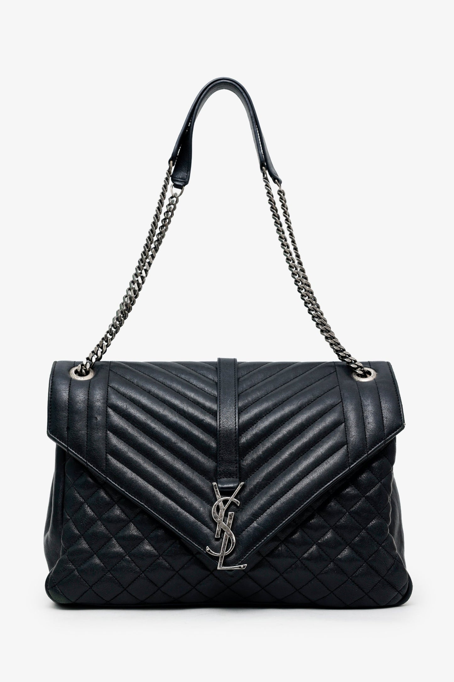 Saint Laurent Black Chevron Tri-Quilted Leather Monogram Large College Bag