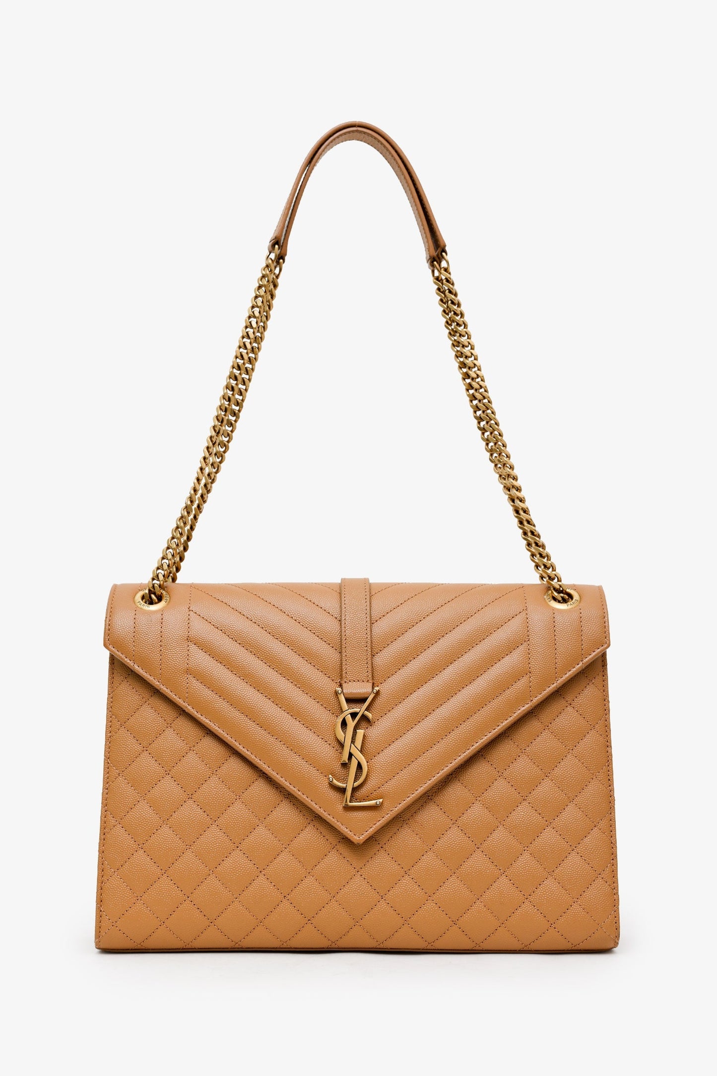 Saint Laurent Brown Grained Leather Tri-Quilted Envelope Chain Medium Shoulder Bag