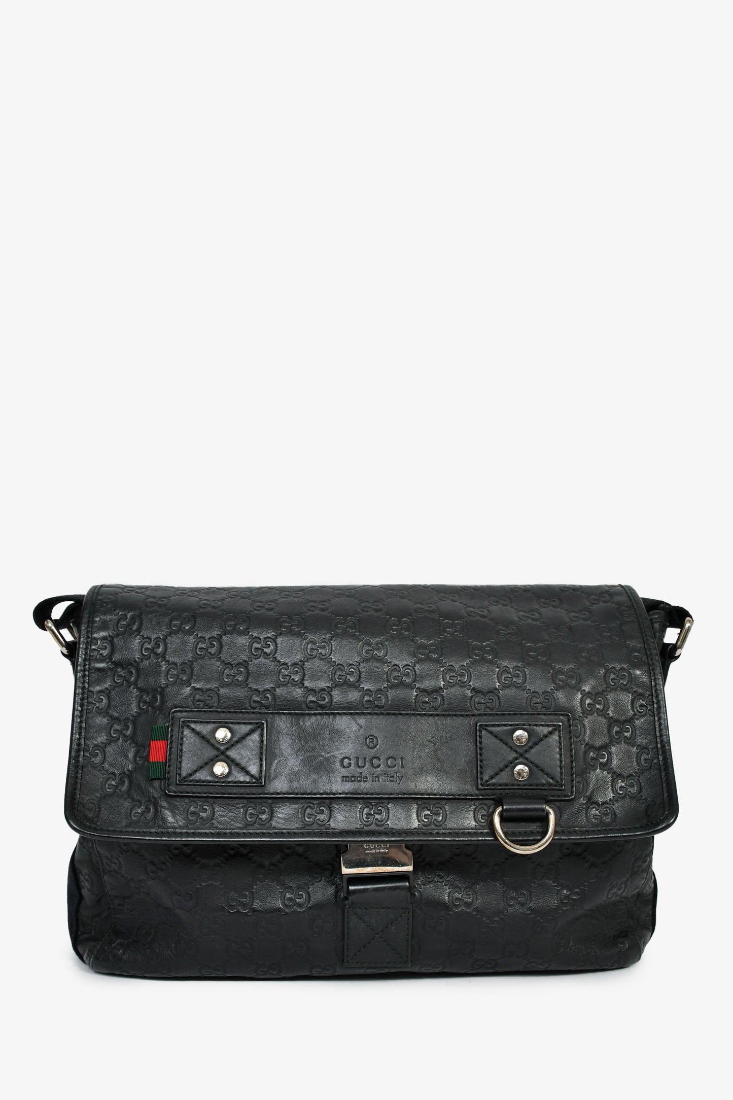 Gucci Black Leather GG Web Detail 'Guccissima' Messenger Bag