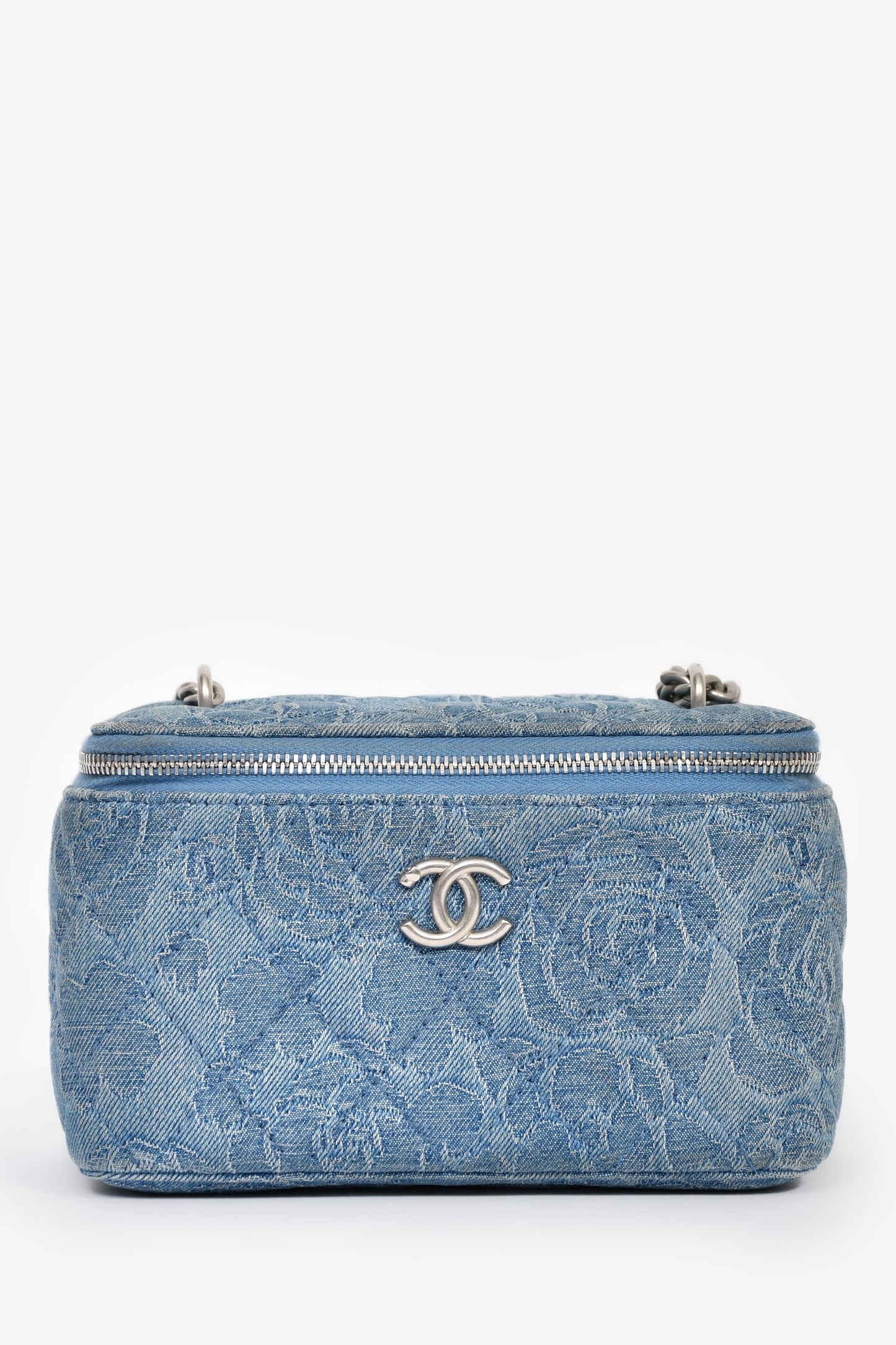 Chanel™ Blue Denim Quilted Camellia Case Chain Bag