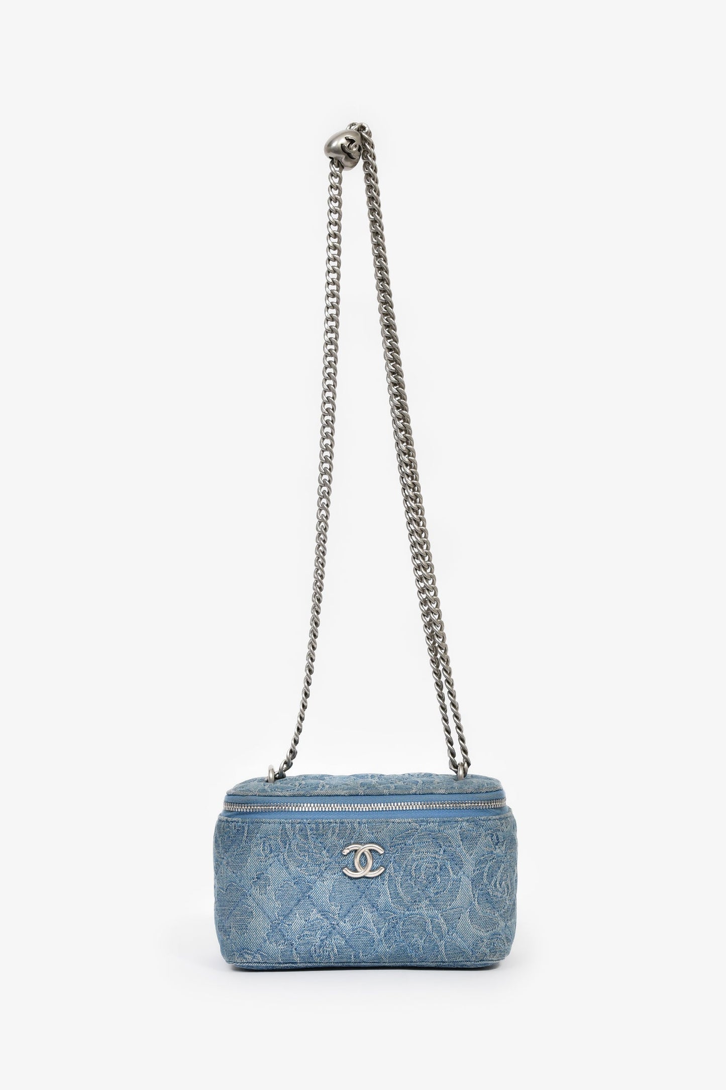 Chanel™ Blue Denim Quilted Camellia Case Chain Bag