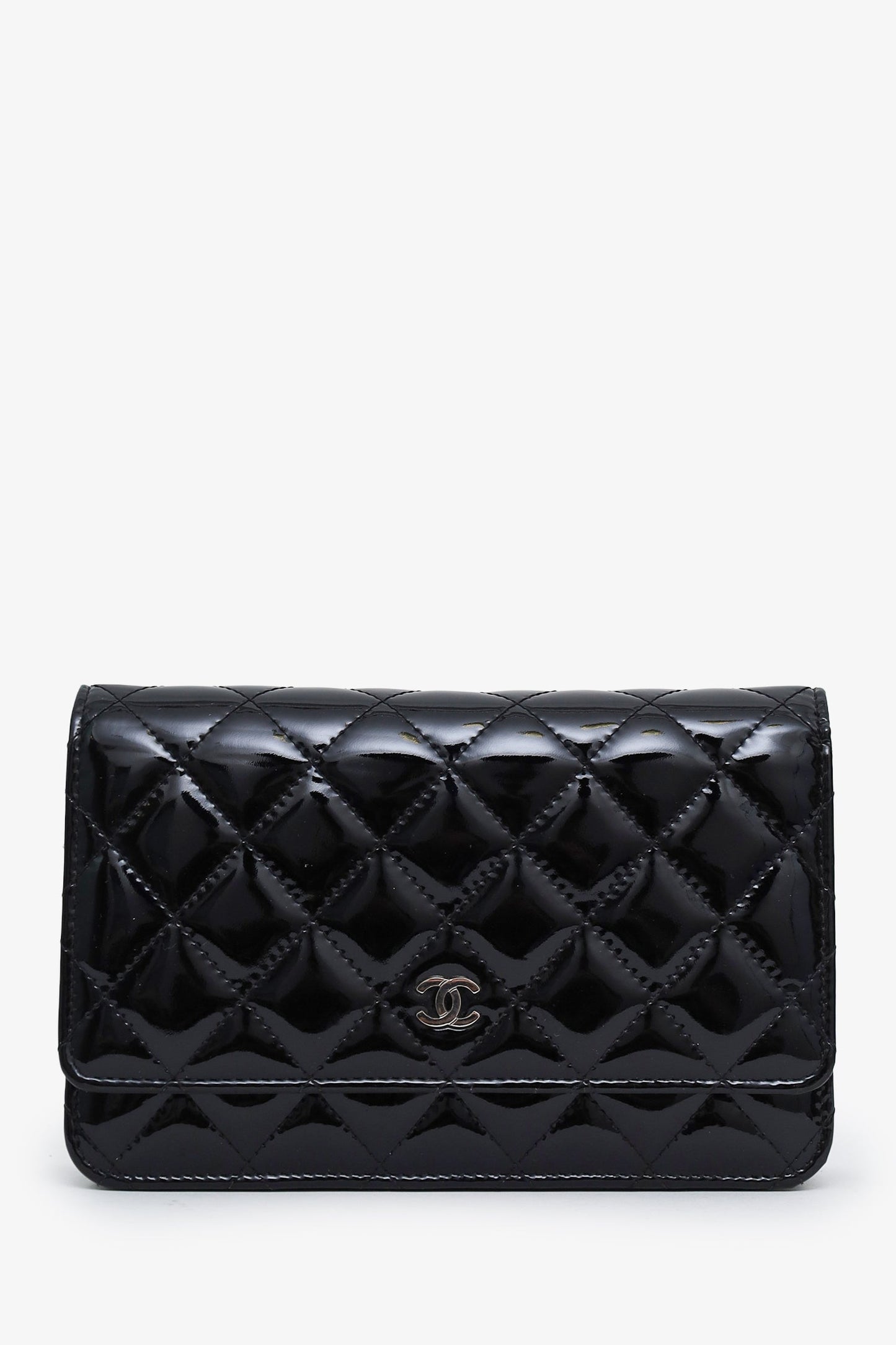 Chanel™ 2015-16 Black Quilted Patent Leather Classic Wallet on Chain