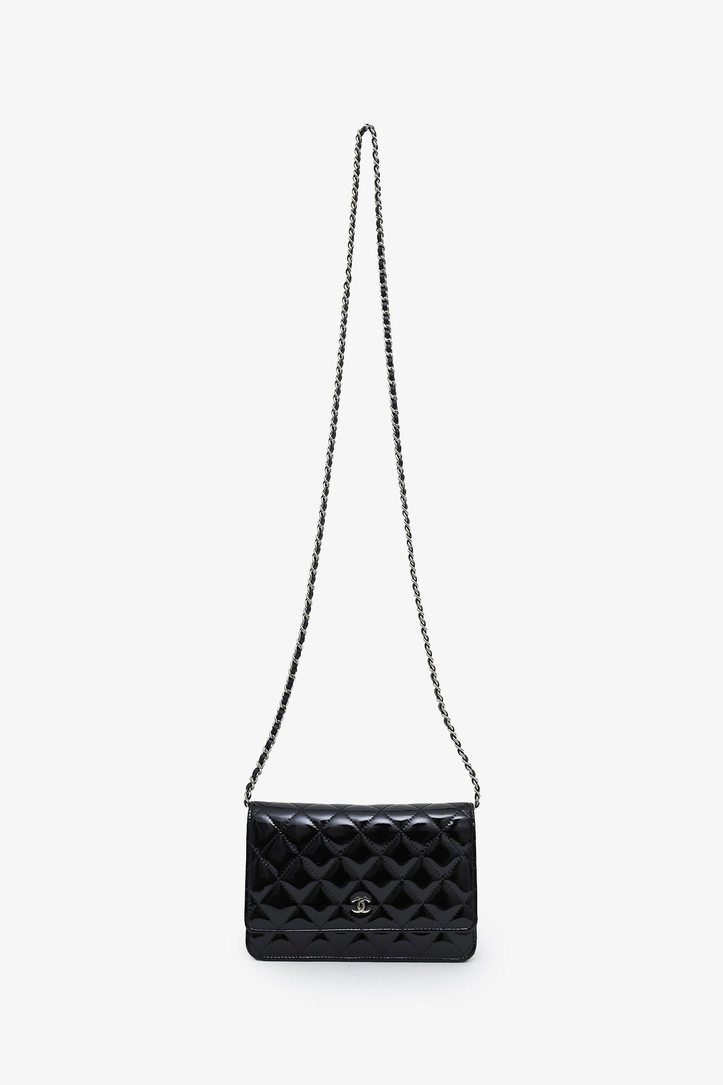 Chanel™ 2015-16 Black Quilted Patent Leather Classic Wallet on Chain