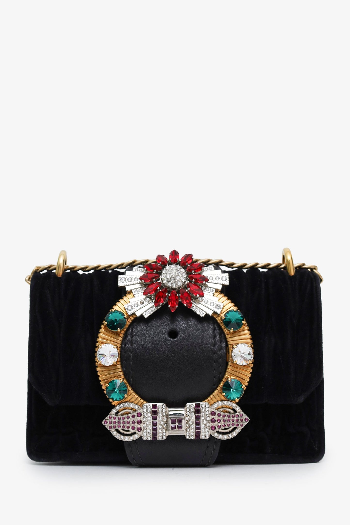Miu Miu Black Velvet Crystal Buckle Flap Bag
