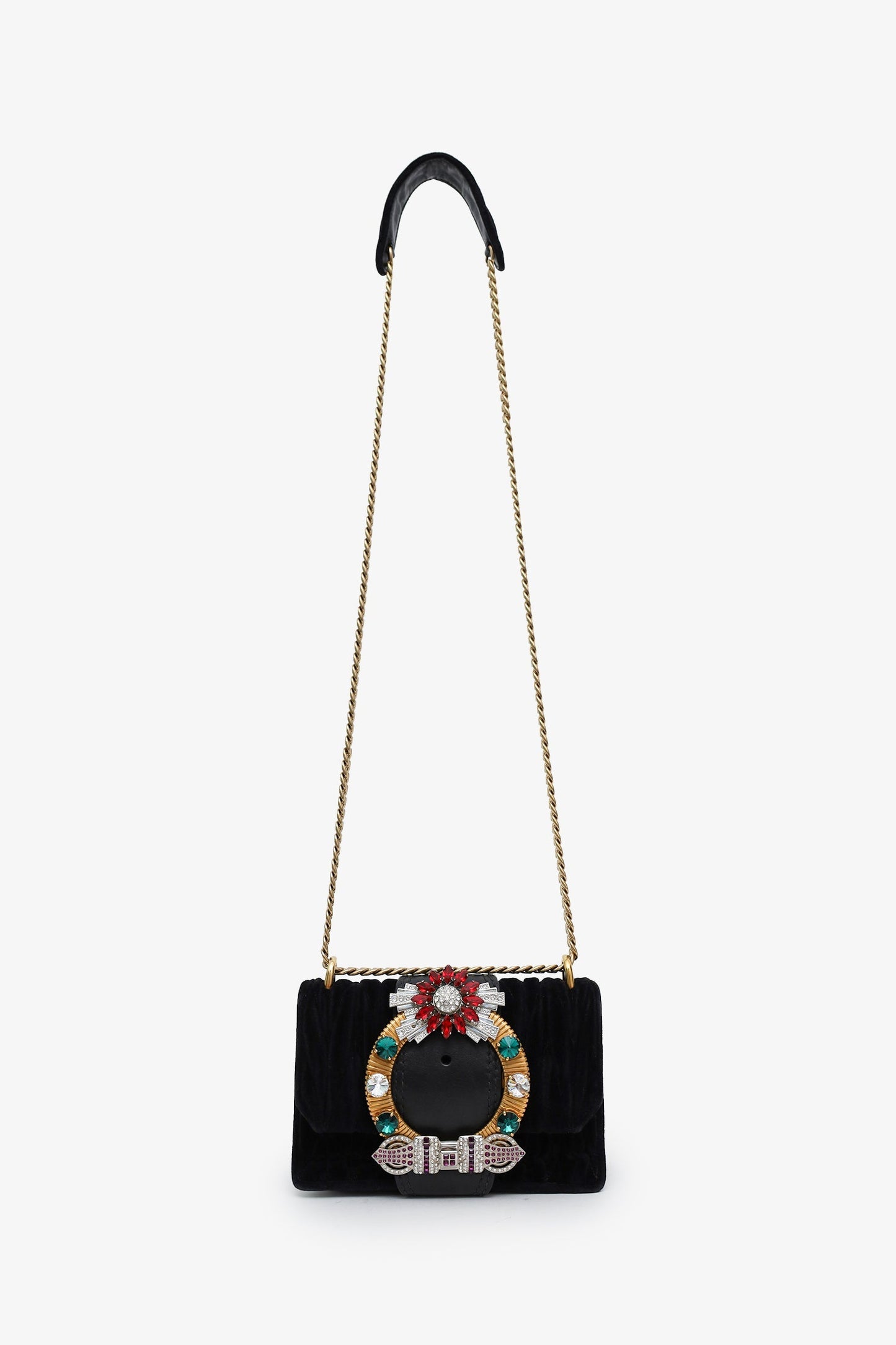 Miu Miu Black Velvet Crystal Buckle Flap Bag