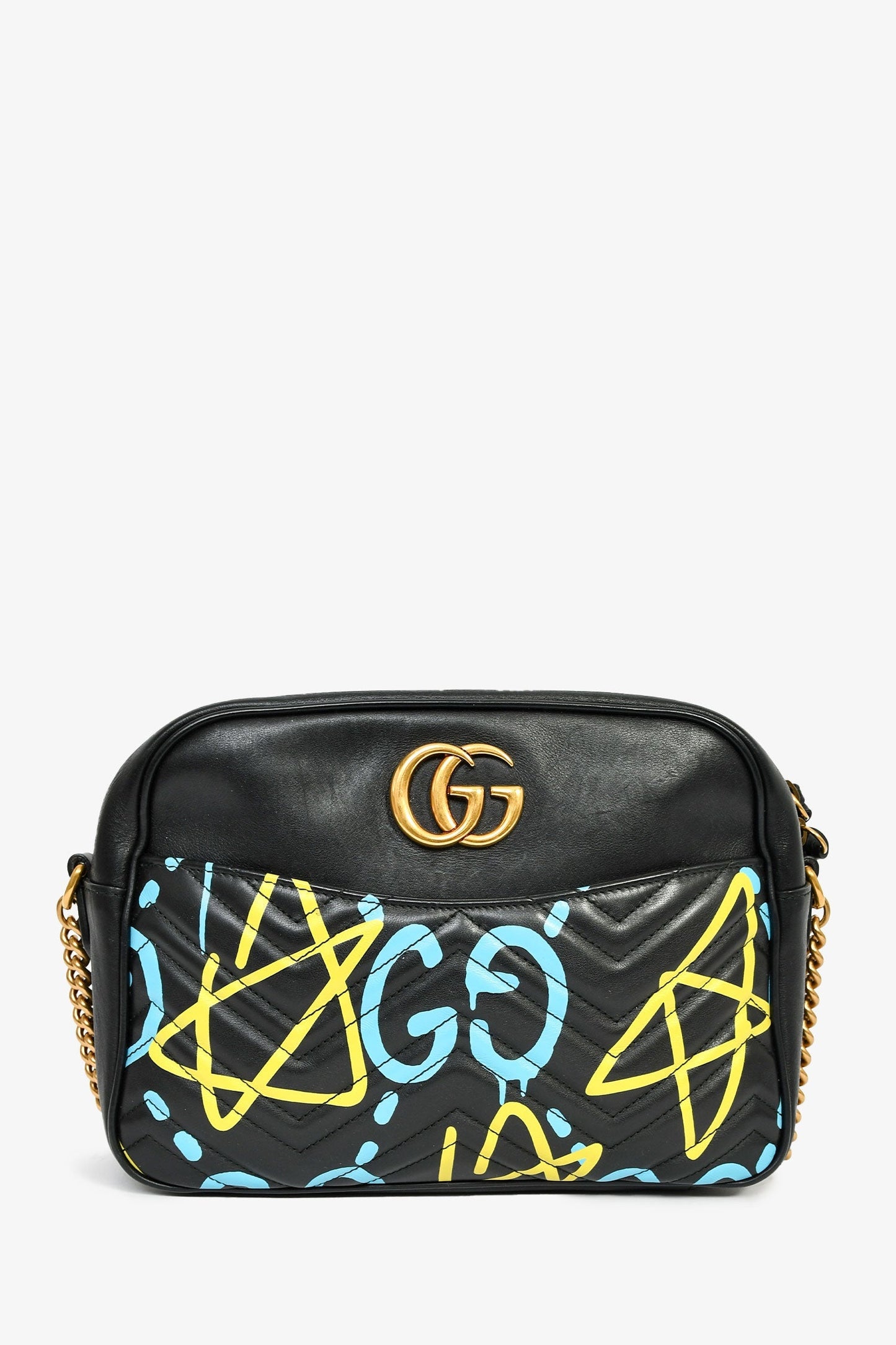 Gucci Black Leather GG Marmont Ghost Large Graffiti Shoulder Bag