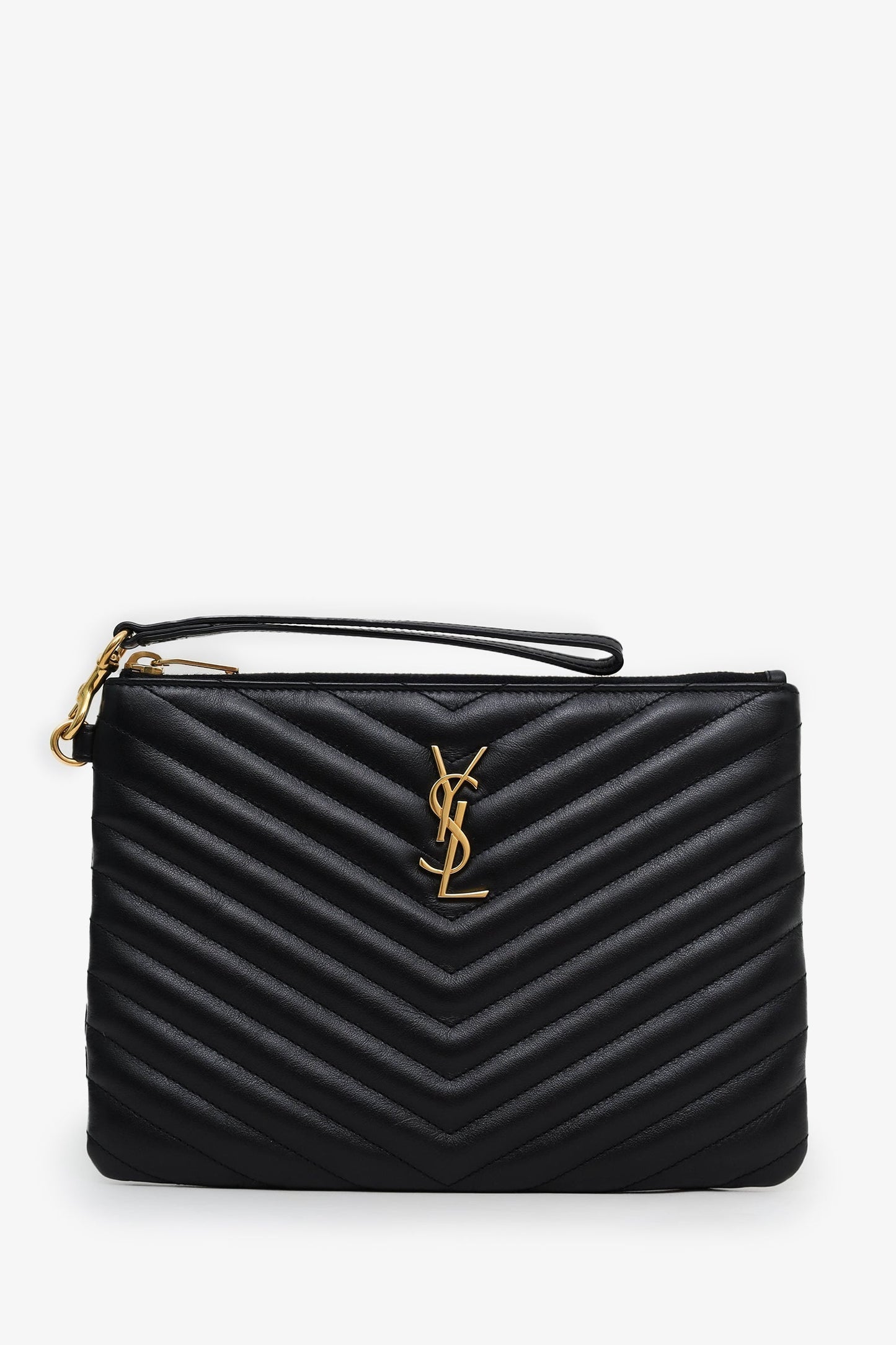 Saint Laurent Black Calfskin Matelasse Chevron Small Monogram A5 Wristlet