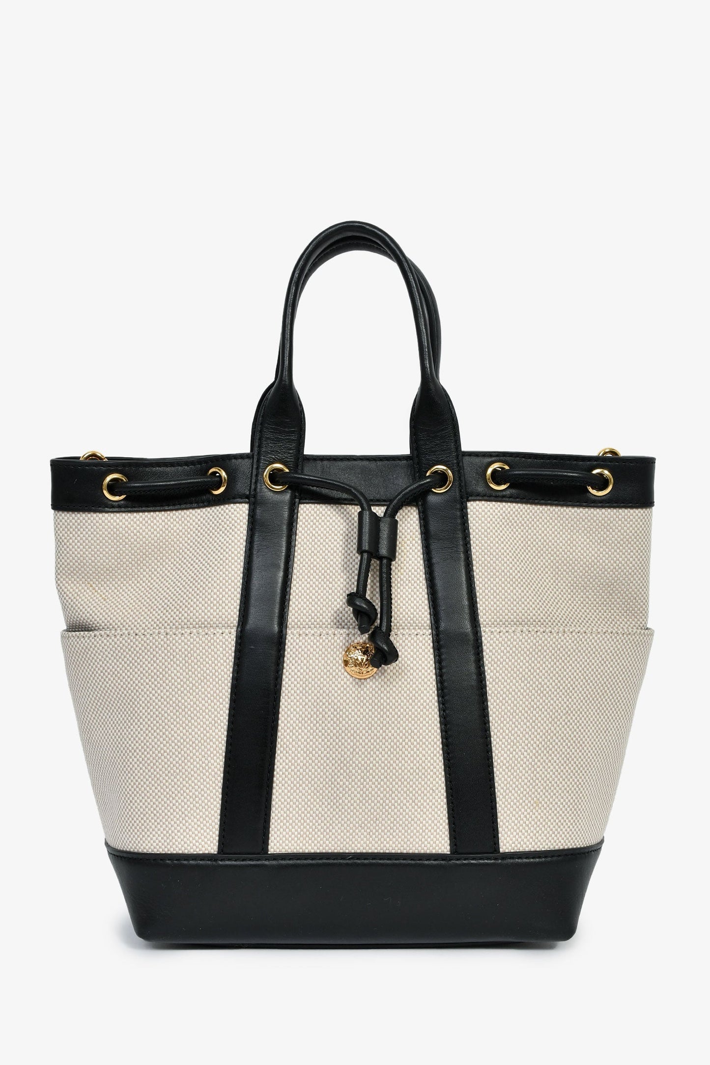 Veronica Beard Beige Canvas/Black Leather Tote With Strap