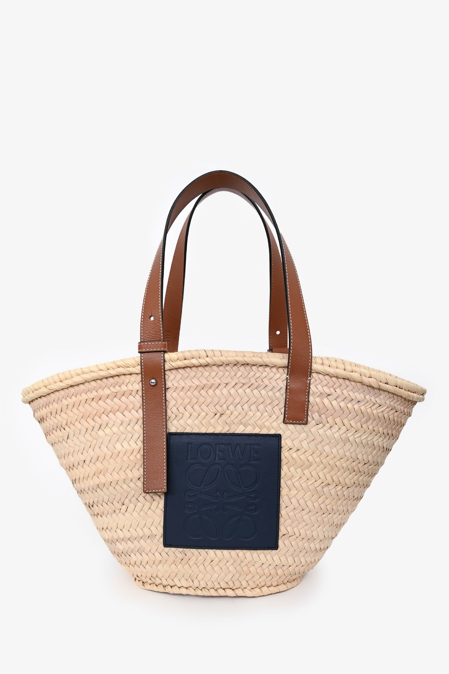 Loewe Navy/Brown Raffia Medium Basket Tote Bag