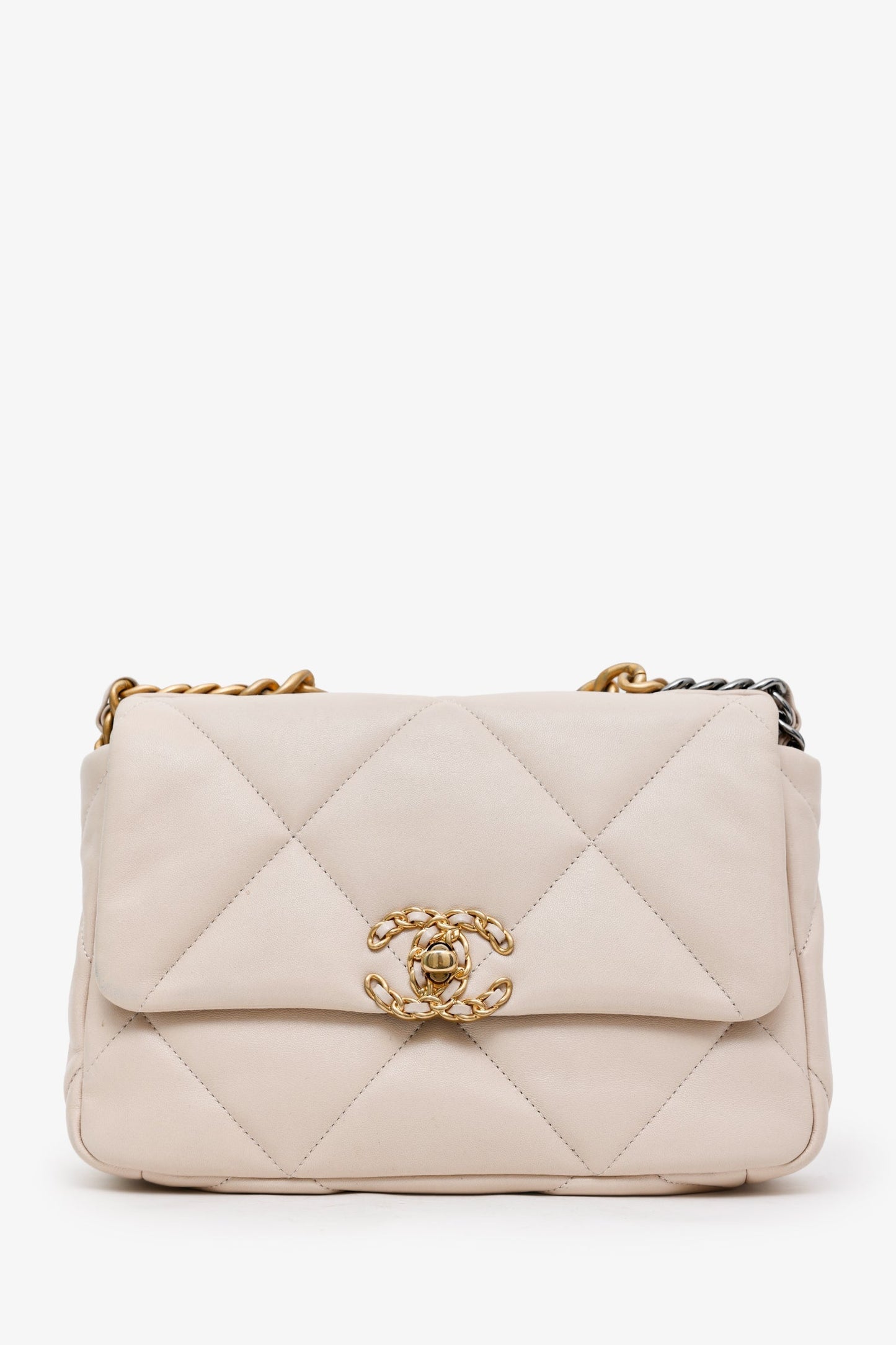 Chanel™ 2022 Beige Goatskin Leather 'Chanel 19' Small Flap Shoulder Bag
