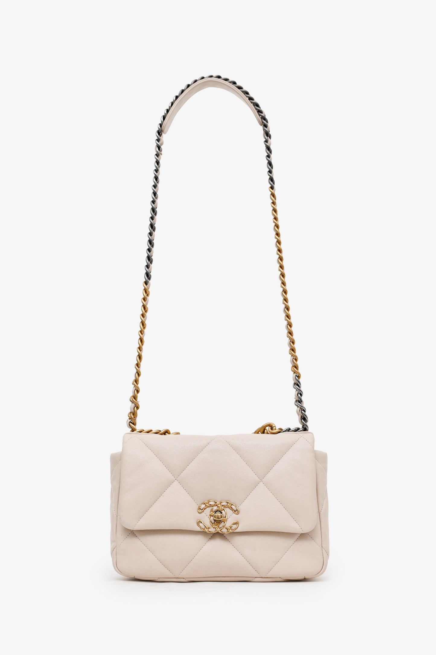 Chanel™ 2022 Beige Goatskin Leather 'Chanel 19' Small Flap Shoulder Bag