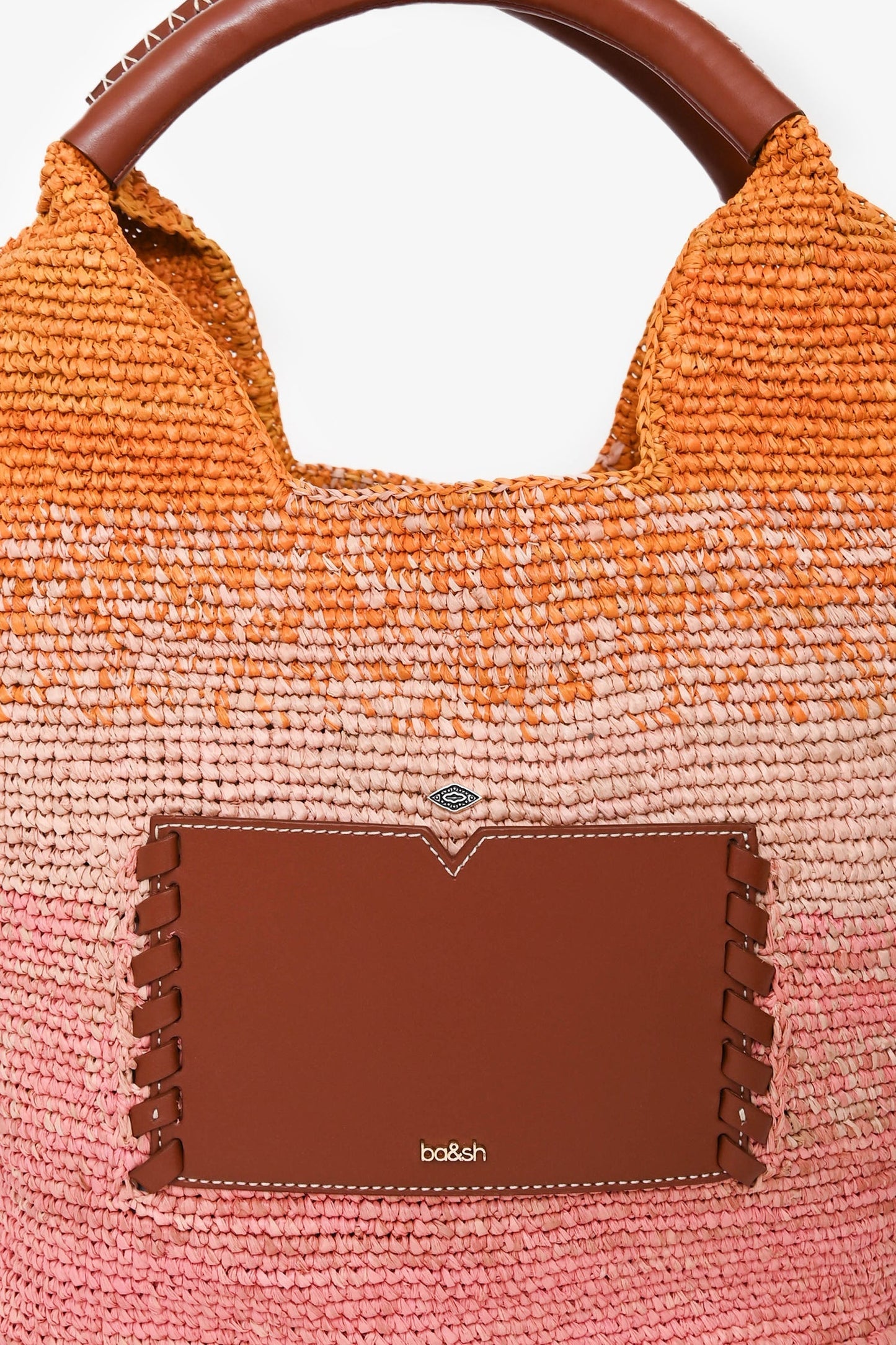 Ba&sh Pink/Orange Raffia/Leather 'Ara' Logo Tote Bag