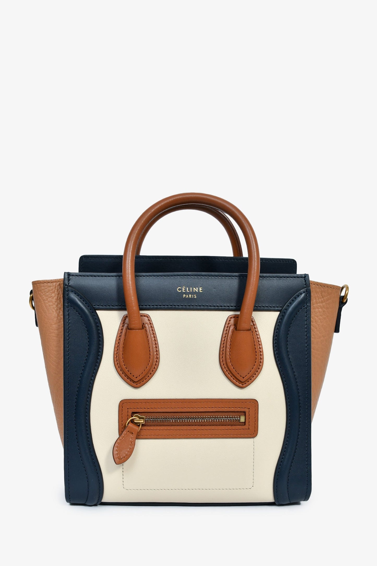 Celine 2015 Cream/Brown/Navy Blue Leather Tricolour Nano Luggage Tote