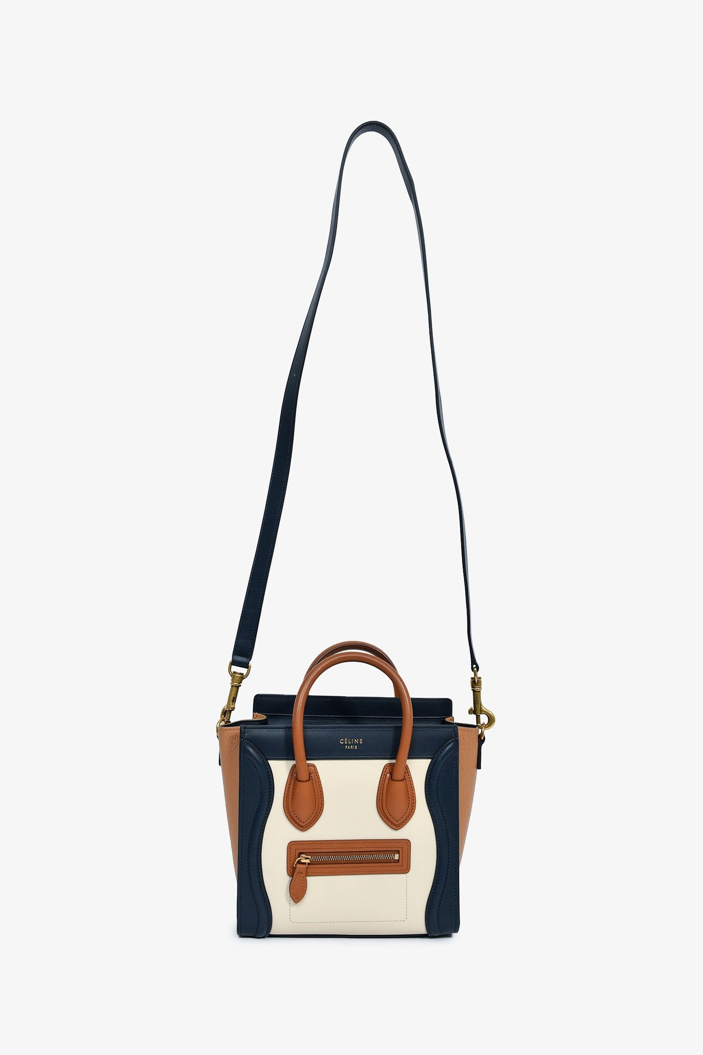 Celine 2015 Cream/Brown/Navy Blue Leather Tricolour Nano Luggage Tote