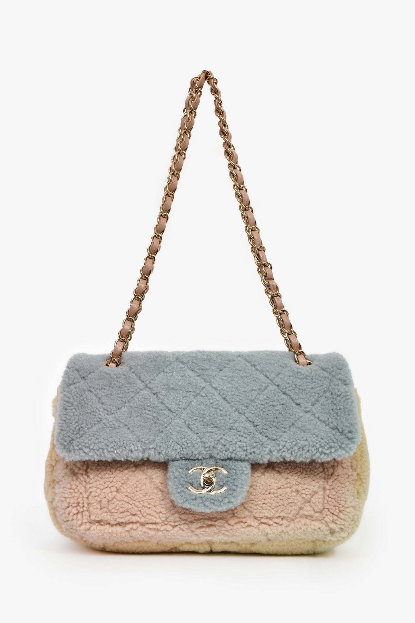 Chanel™ 2019/20 Blue/Yellow/Pink Shearling Medium Flap Bag