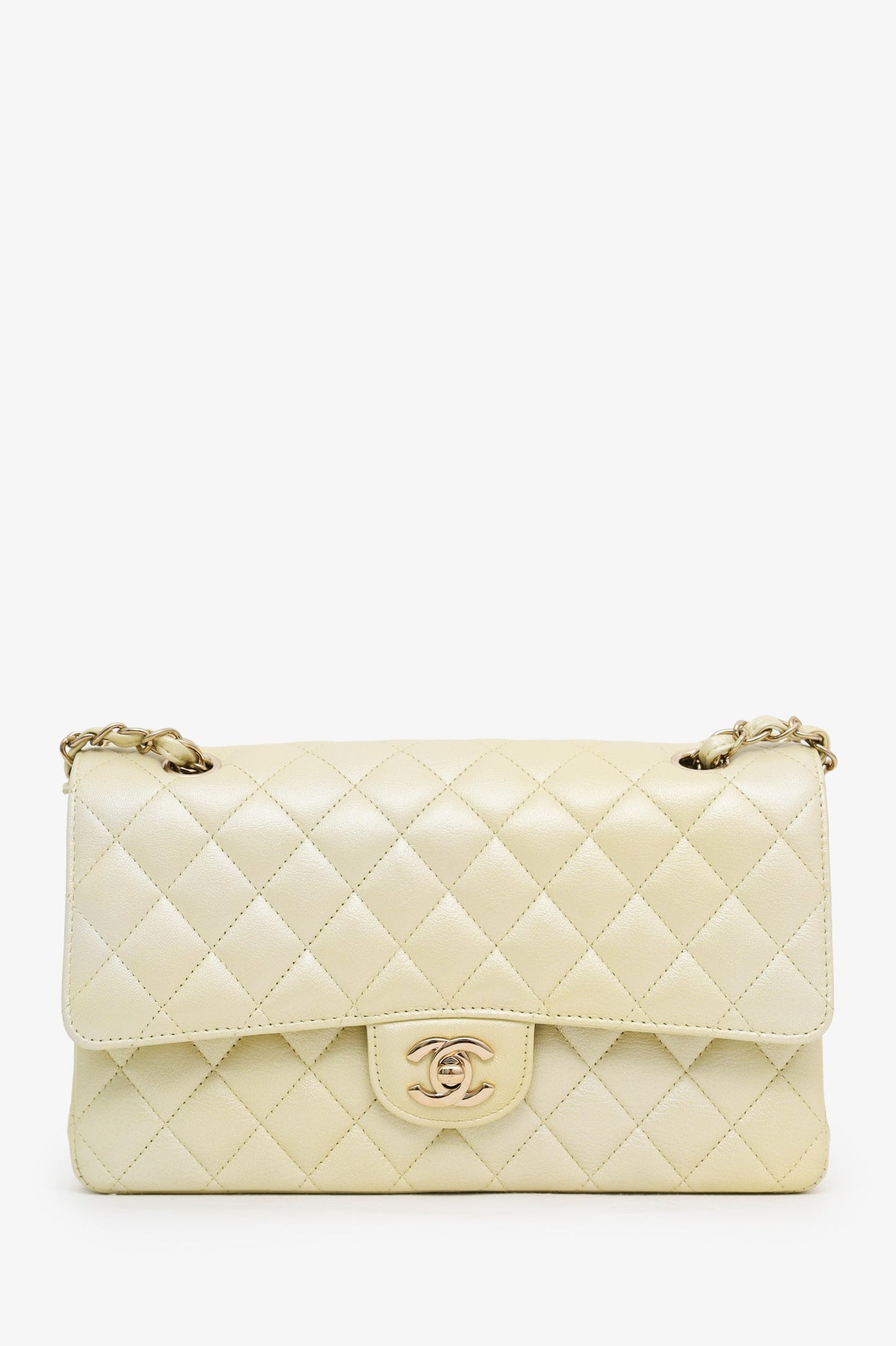 Chanel™ 22P Iridescent Yellow Quilted Leather Medium Double Flap Bag